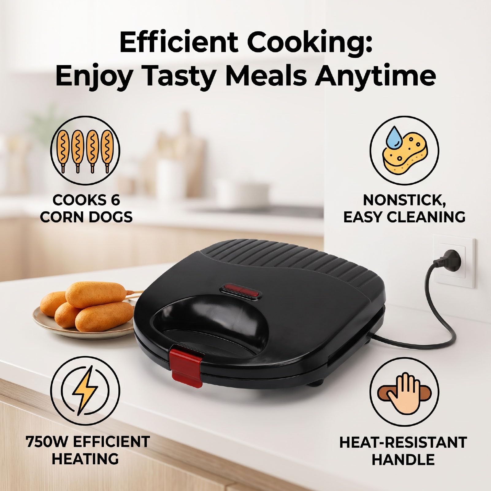 Corn Dog Maker 750W Rotolo per Salsicce Antiaderente a 6 cavità