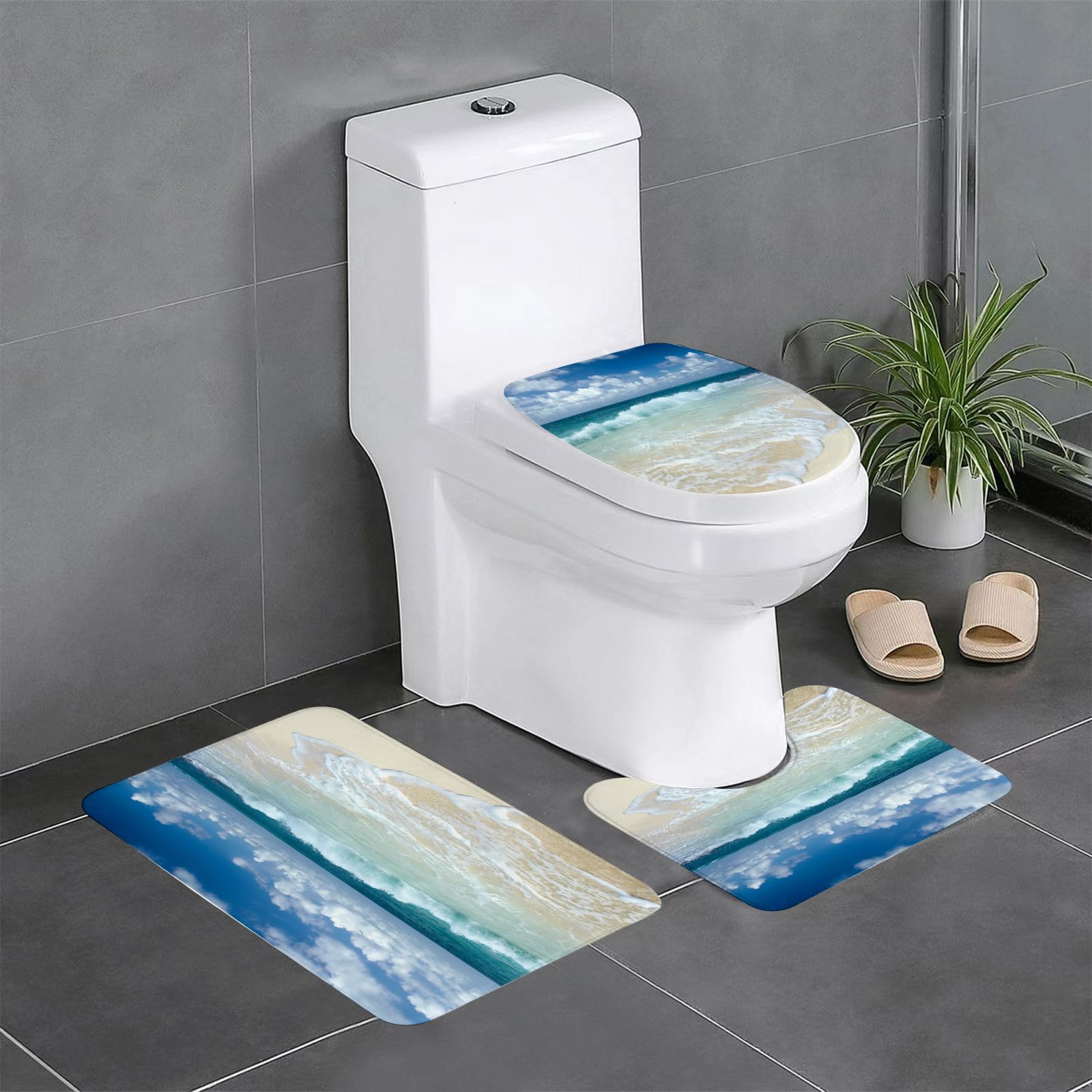 Set di 3 tappetini da Bagno, Lavabili in Lavatrice e Antiscivolo, in Morbida Fibra Superfine, con Motivo a Onde e Spiaggia con Onde spumeggianti su Un Mare Deserto, Tema Vacanze co