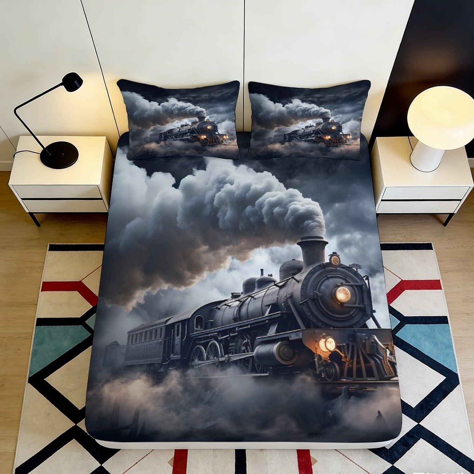 3D Printed Steam Train Fitted Sheet Microfiber Soft Black Grey Locomotive Mattress Cover for Bedroom Decor 90x200x25cm