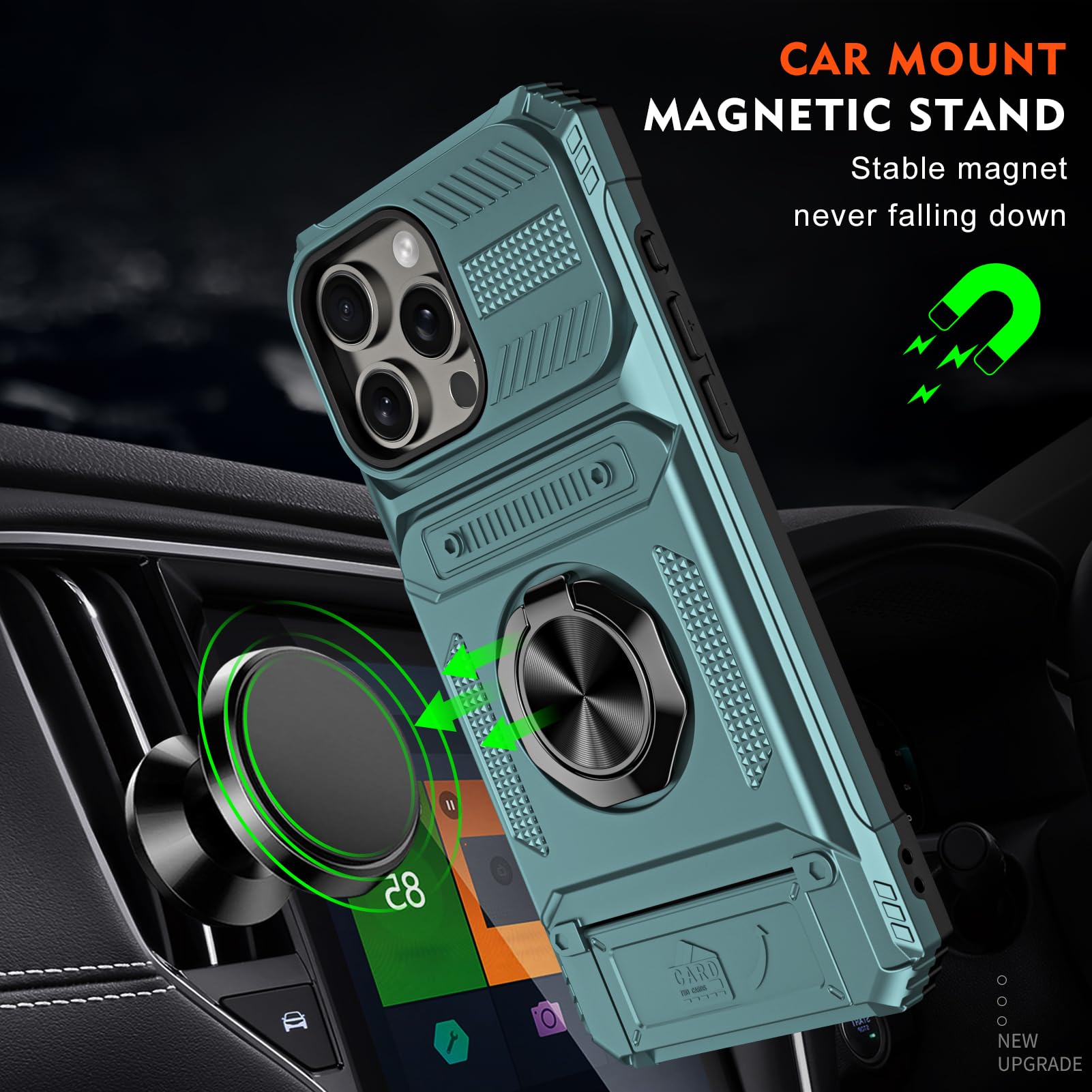 SORAKA Case for iPhone 15 Pro Max with Ring Stand Card Holder Metal Patch Compatible Magnetic Car Phone Mount Shock and Drop Protection Case Green