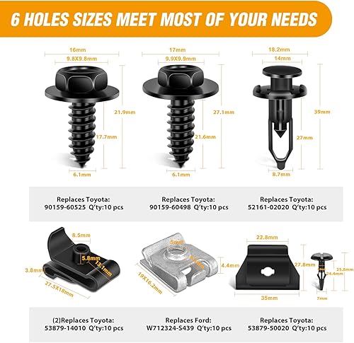Vista 60 de GOOACC GRC-70 - 35 piezas de pernos de protección contra salpicaduras para motor, parachoques guardabarros, retenedor de empuje, clips de remache