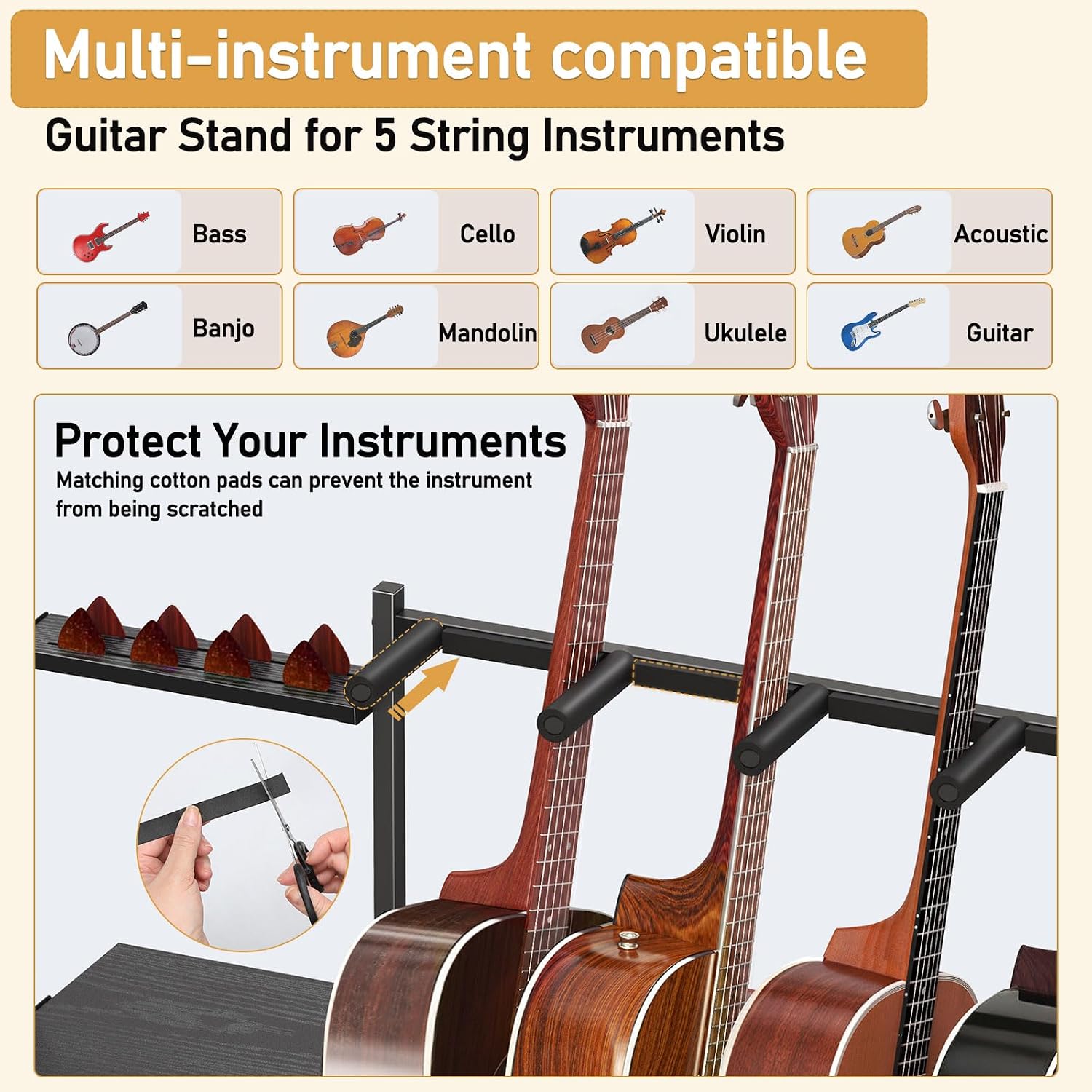 Guitar Stand, Guitar Rack for Multiple Guitars,Guitar Holder for Bass, Banjo,Acoustic Guitar Display Stand,5 Slot Guitar Stands Floor with 3 Side Shelves for Amp & Record Player,Studio & Home, Black