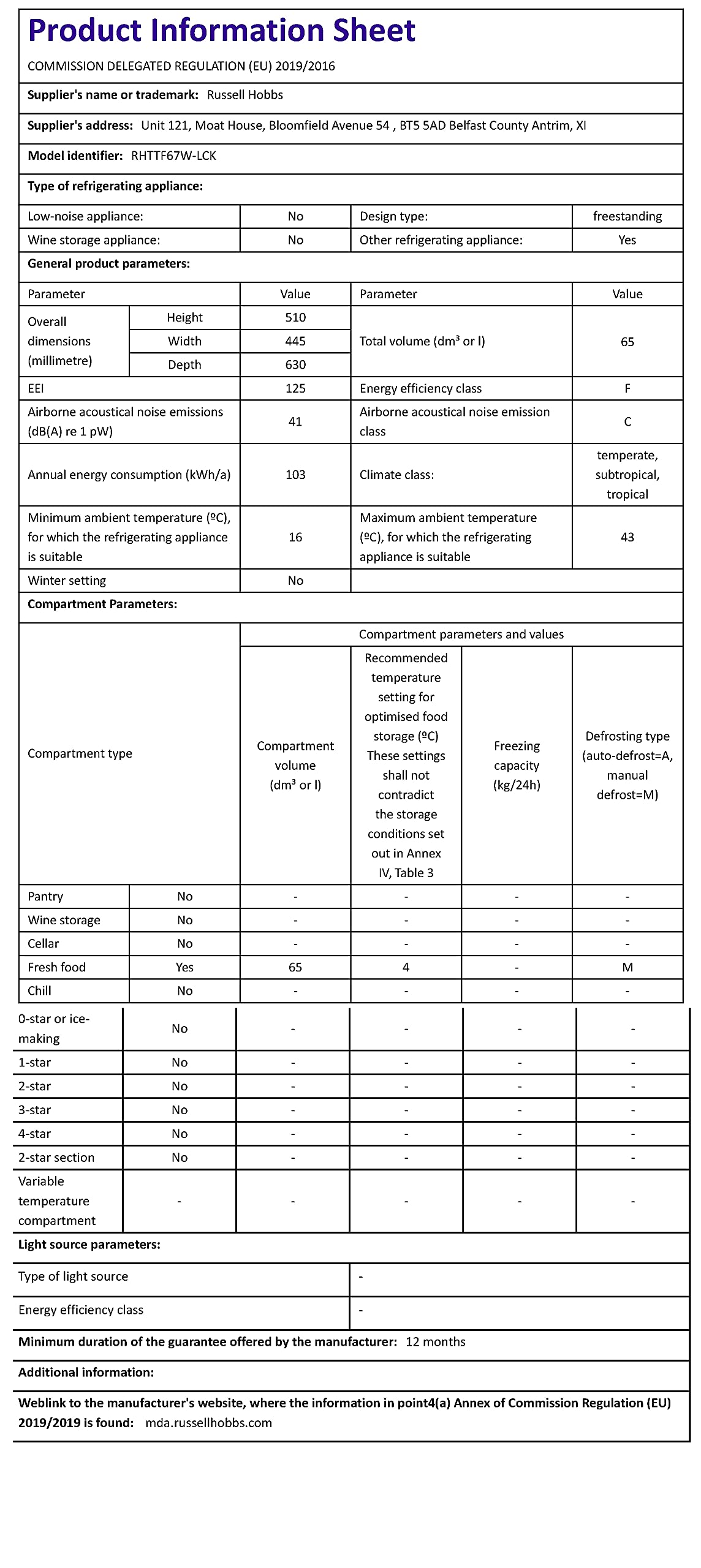 Russell Hobbs RHTTF67SS 66 Litre Reversible Doors Table Top Mini Fridge