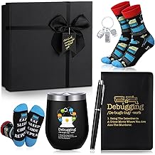 6 Pcs Computer Programmer Gifts for Men Debugging Definition Programmer Gifts 12oz Stainless Steel Cup Socks Keychain Pen Notebook Box for IT Developers Computer Geeks Nerd Hackers Coders