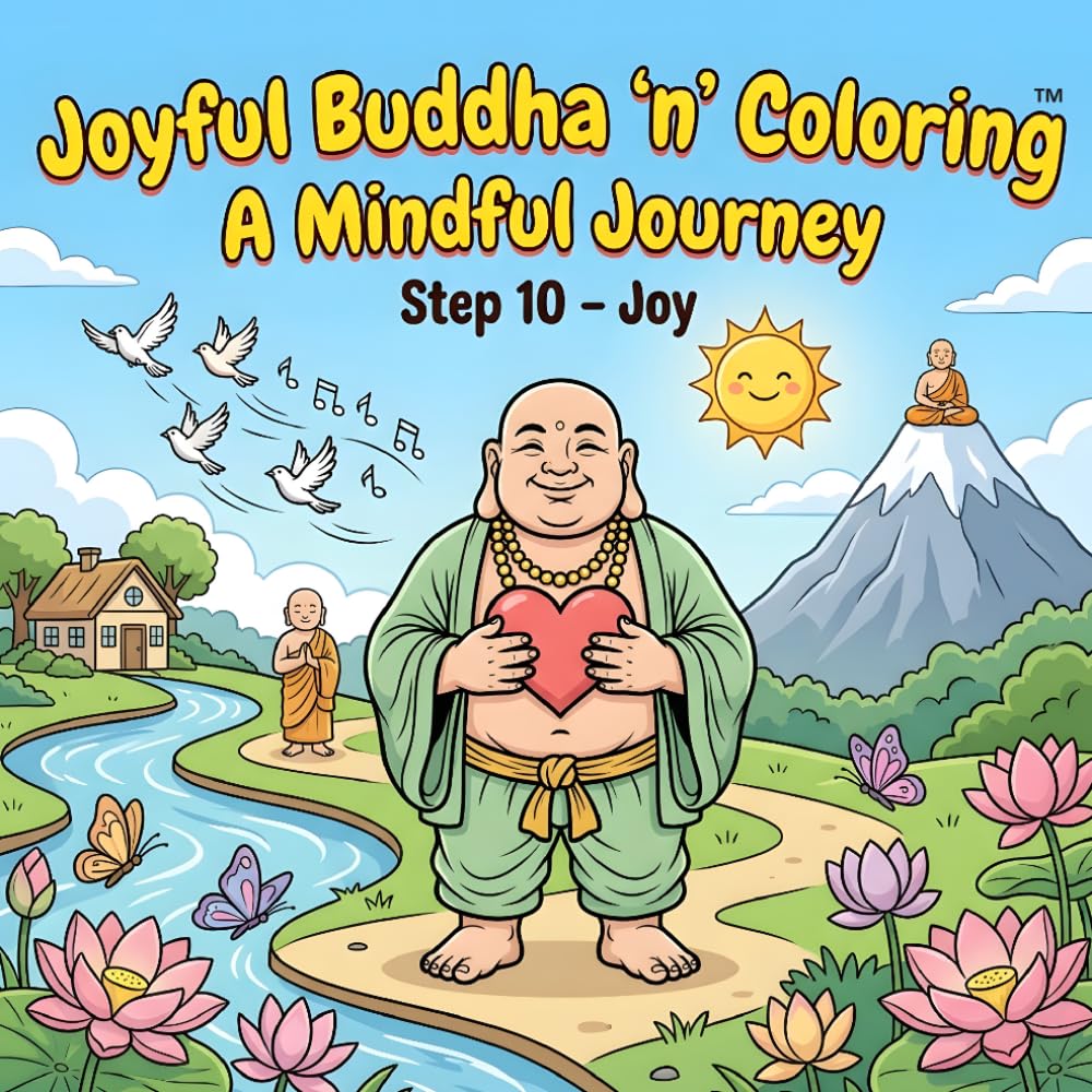 Joyful Buddha ‘n’ Coloring, A Mindful Journey, Step 10 – Joy: A Mindfulness Coloring Book for Adults Featuring Inspirational Quotes, Meditation ... Designs, and Peaceful Buddhist Inspired Art