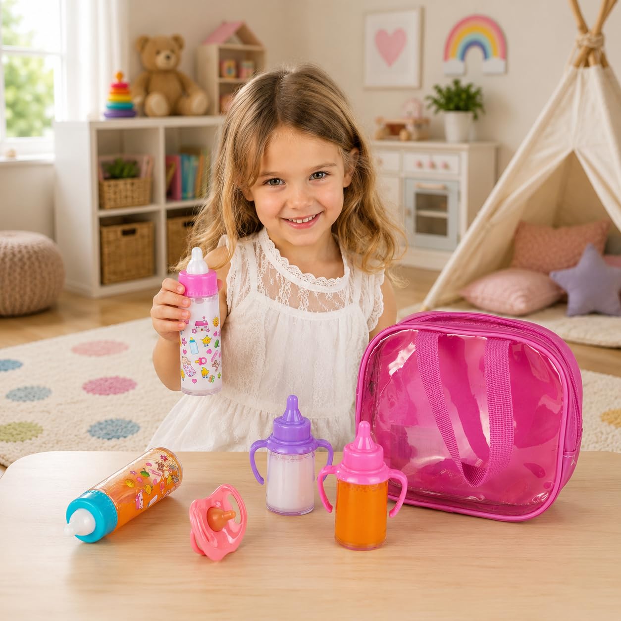 fash n kolor® Accessori per bambole per neonati, 6 accessori in borsa per pannolini, bottiglia magica, accessori per bambole, giocattoli, kit per la cura delle bambole, regali