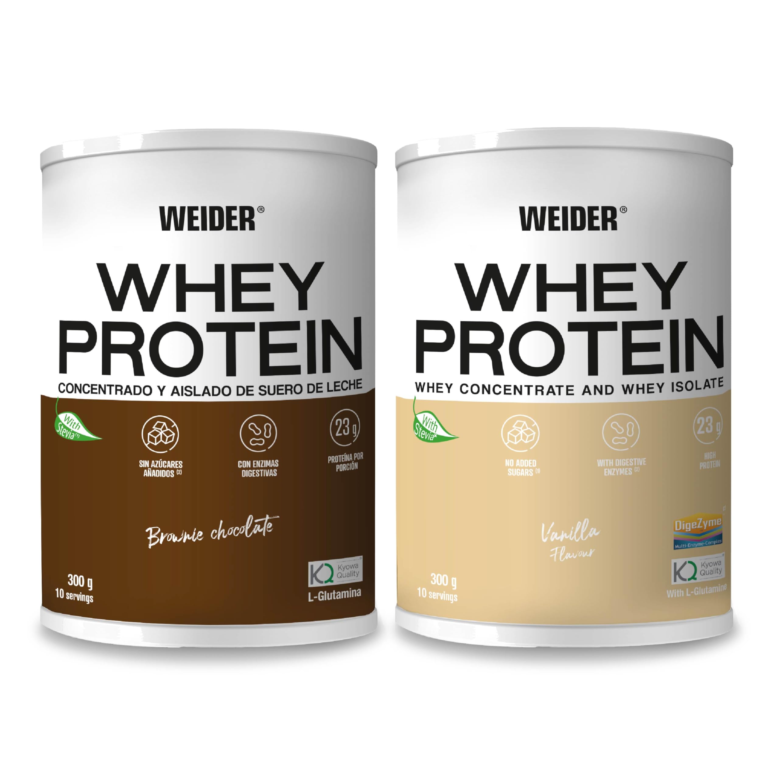 Weider Whey Protein Duo Pack (2x300g) Chocolate & Vanilla Flavours. Whey Protein from Concentrate & Isolate, 23g/Serving. with Digestive Enzymes, L-Glutamine Kyowa Quality and Stevia. No Added Sugars