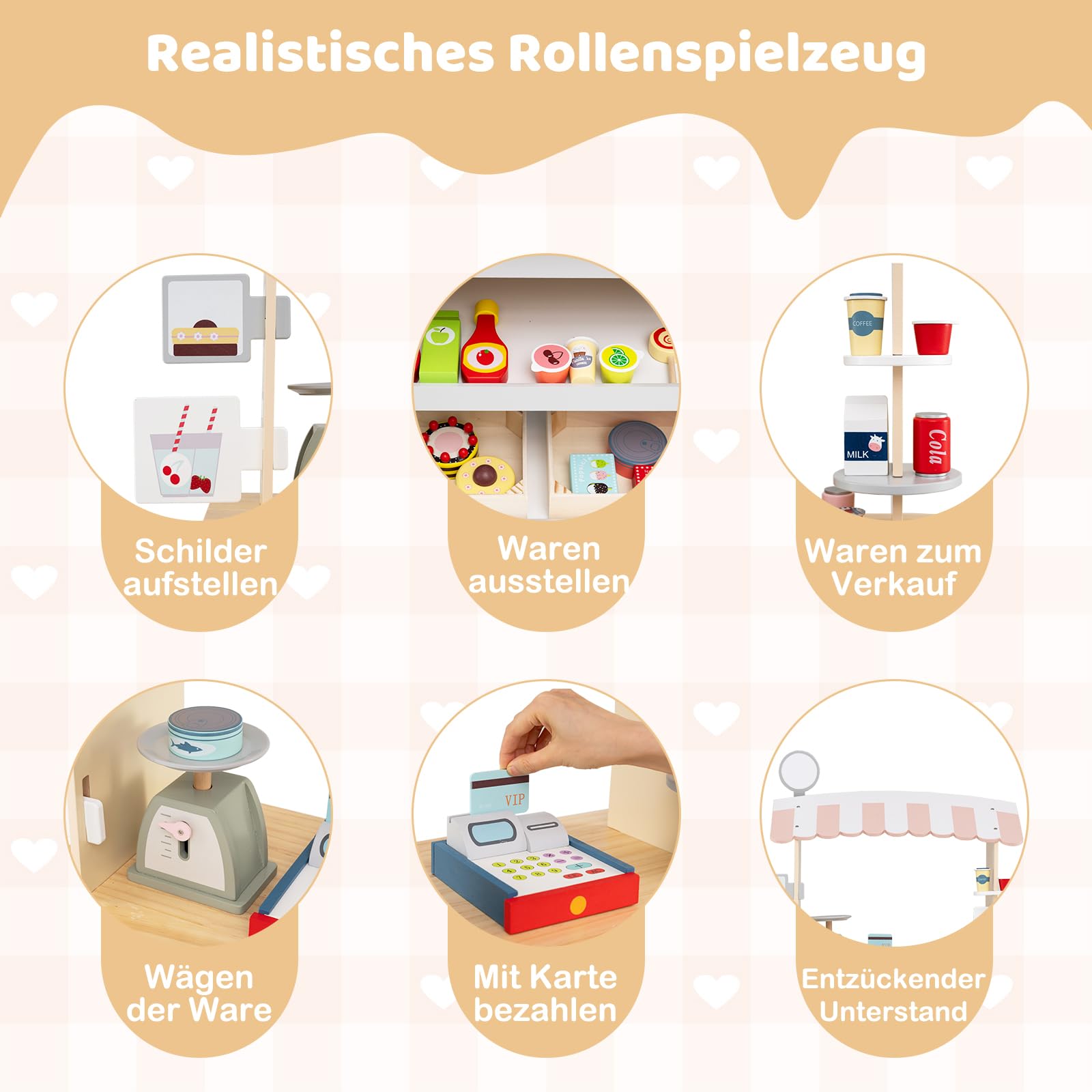 DREAMADE Kaufladen aus Holz, Kaufmannsladen mit 30 Zubehörteilen, Verkaufswagen mit 3 Rädern, Schiebegriff & Baldachin, Spielset Rollenspiele für Kinder ab 3 Jahren (Grau)