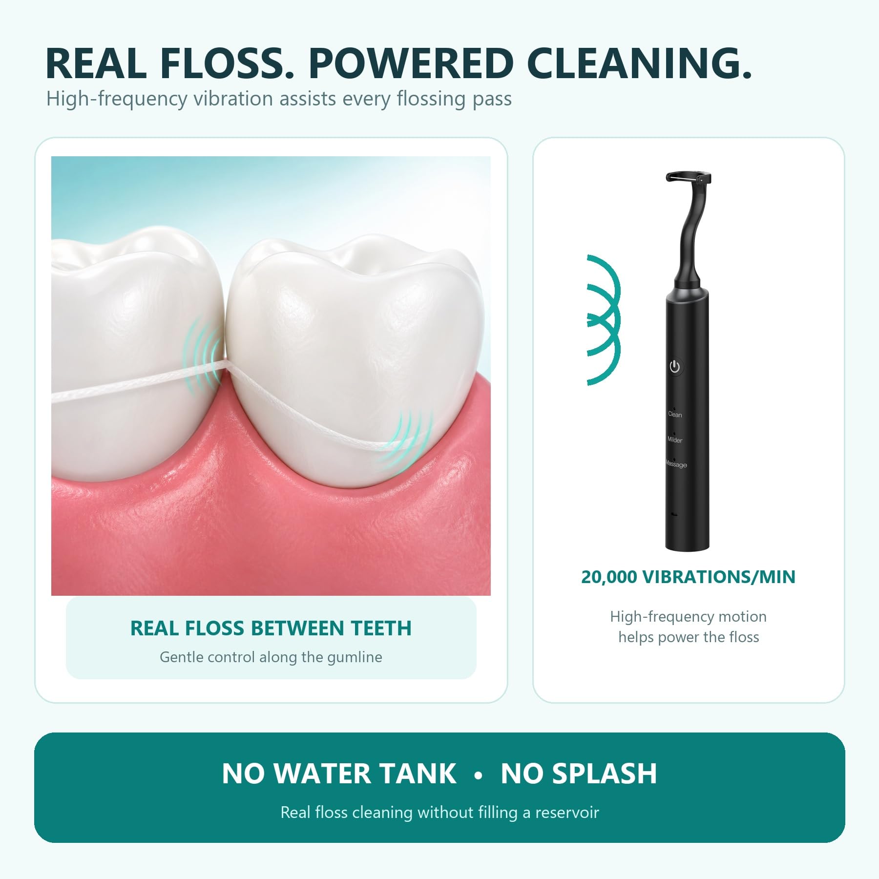 Filo interdentale elettrico, 3 modalità (pulito/delicato/massaggio), idropulsore portatile ricaricabile per denti, rimozione della placca e cura delle gengive, adatto ai viaggi (nero)