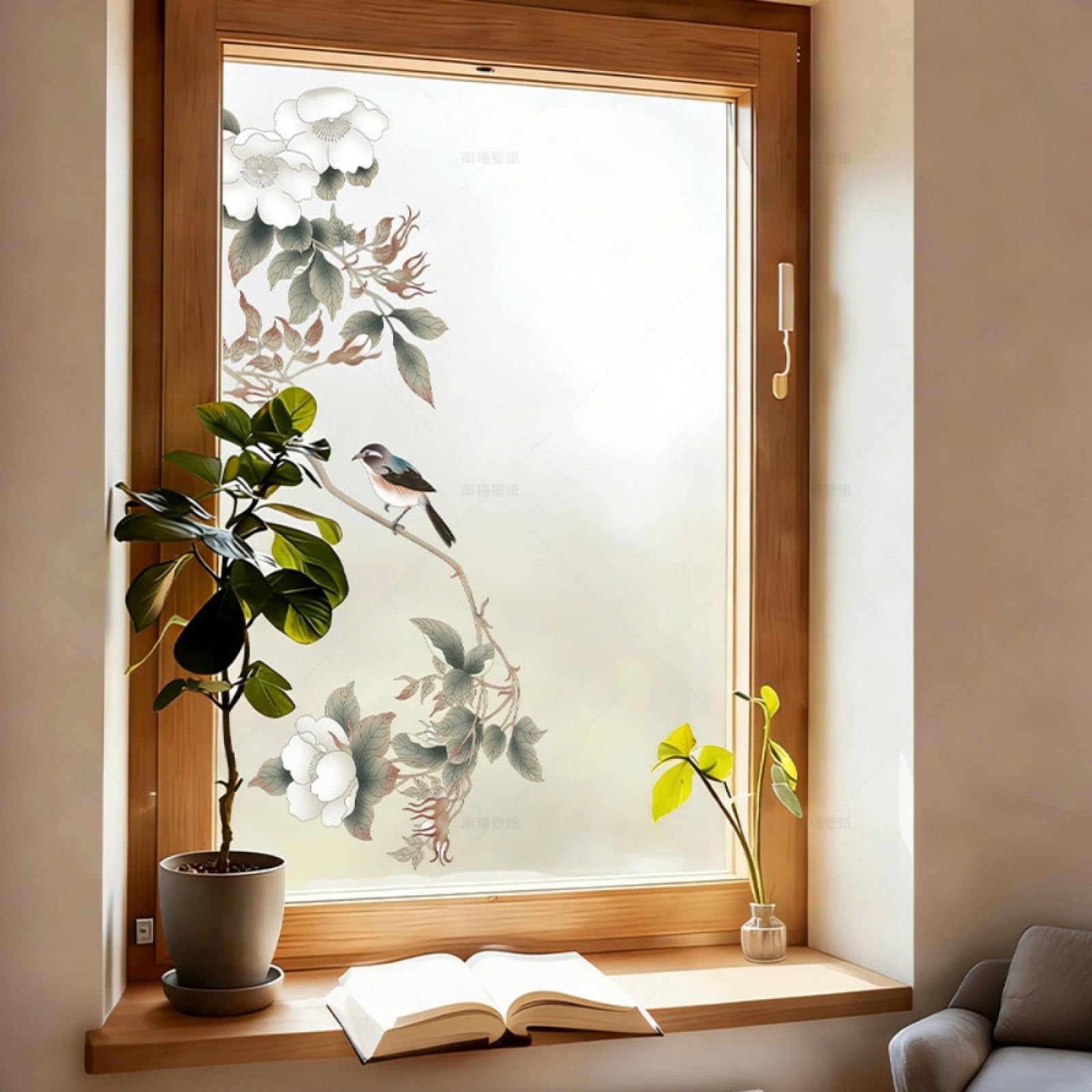Vinilo Adhesivo Cristal Opaco Planta Pájaro Vinilos para Cristales Privacidad Estatico Anti UV Reutilizable para Oficina Dormitorio Sala de Estar Vinilo para Ventanas