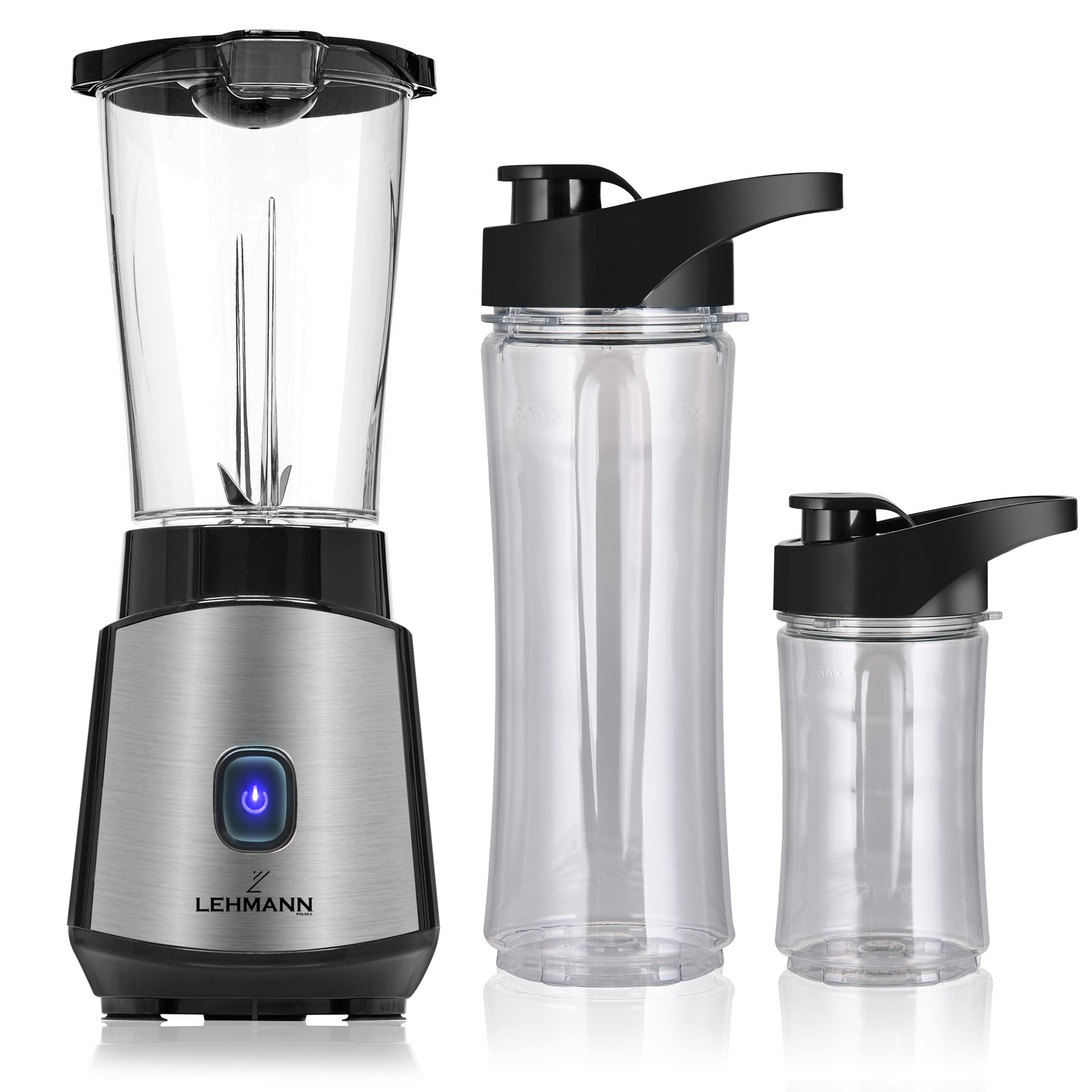 LEHMANN Blender Mixeur Smoothie 1200W, Mini Blender 1L avec 2 Bouteilles BPA-Free Portables de 570 ml et 400 ml pour Jus, Smoothies et Milkshake, Facile à Nettoyer, Système à 4 Lames