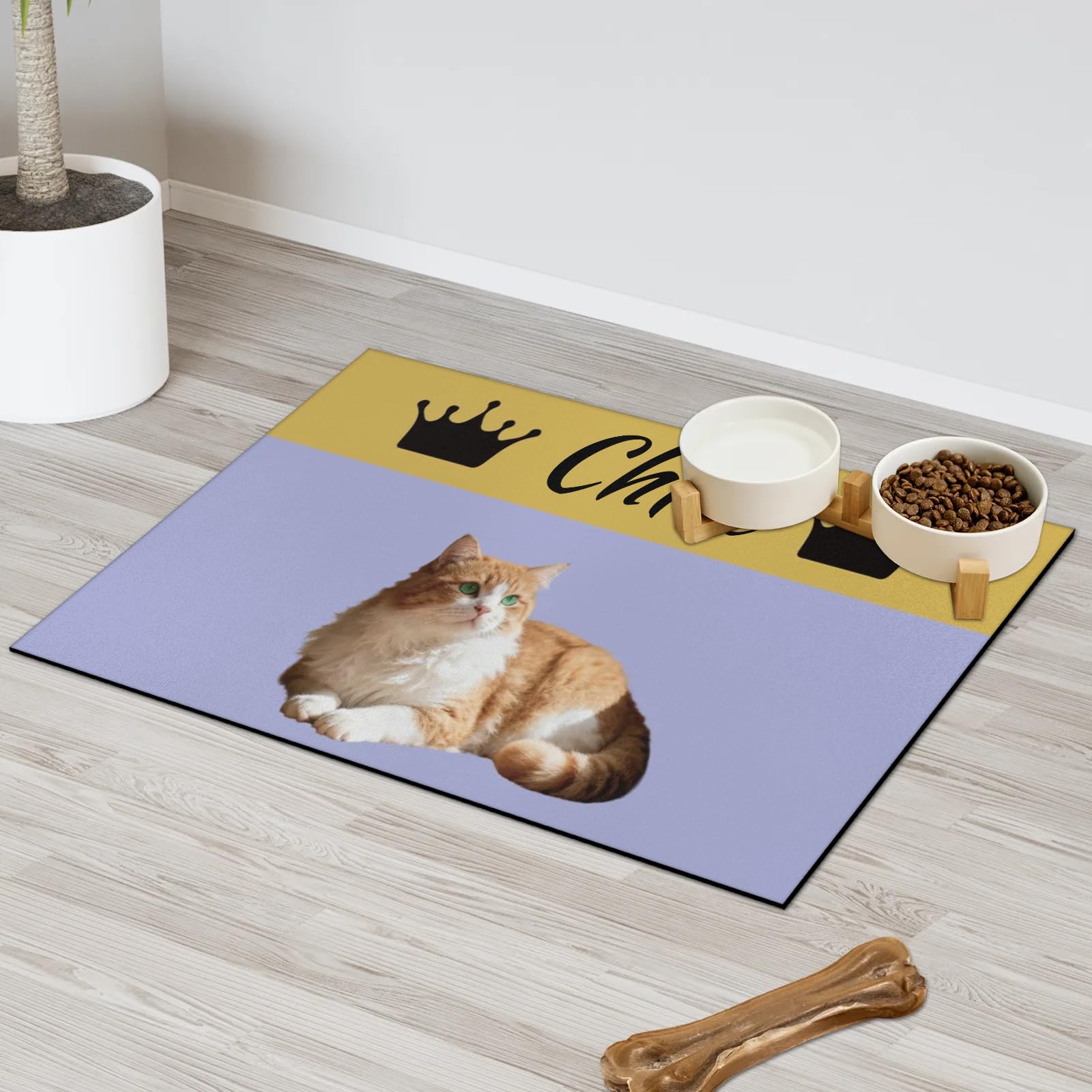 Personalised Pet Feeding Mat - Diatomaceous Earth Custom Food Mat with Photo or Name Absorbent Machine Washable Non-Slip Backing for Dogs & Cats (Purple)