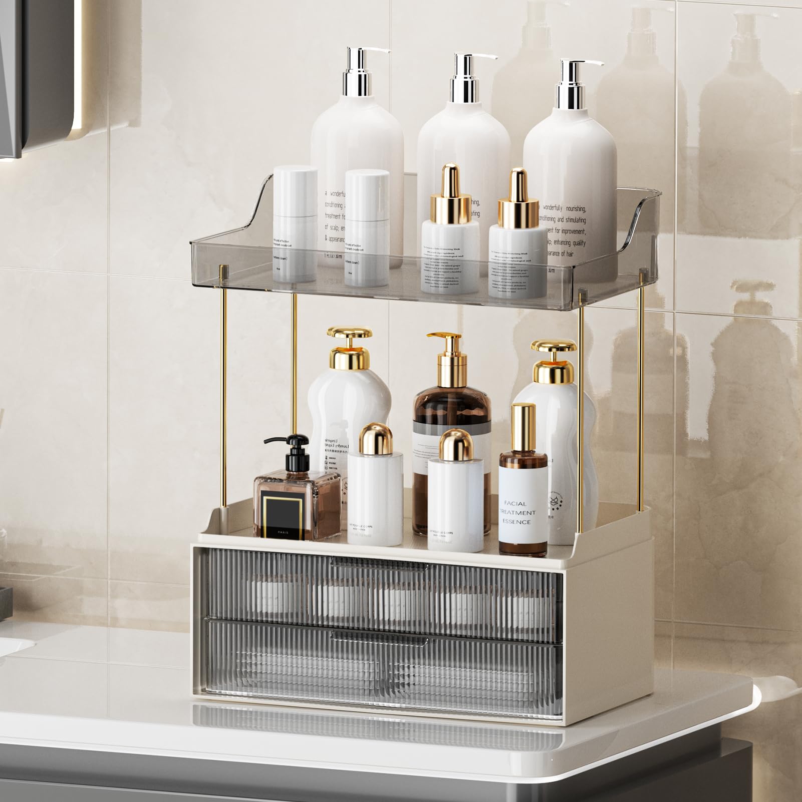 shuang qing Large Skin Care Organizer with Drawers for Vanity, Bathroom Counter Organizer, 2-Tier Skincare Storage Rack,Makeup Countertop Organizer Perfume Tray for Cosmetics(Grey)