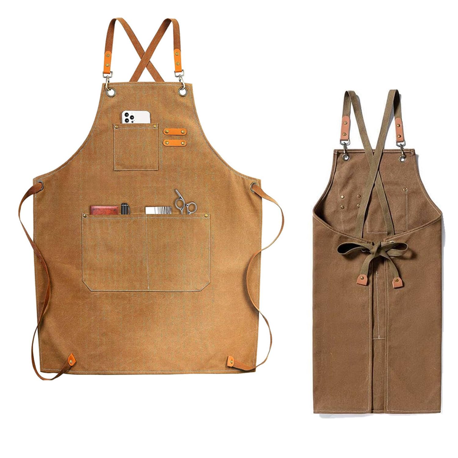 Chef Aprons for Men Women with Large Pockets,Cotton Canvas Cross Back Apron with Adjustable Straps,Water-Resistant Apron for Cooking BBQ Work Painting Kitchen Gardener Chef Baking