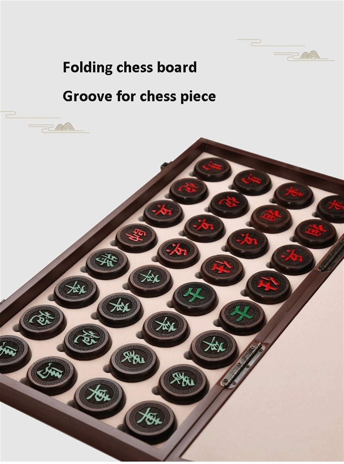 Chinesisches Schach mit klappbarem Schachbrett, chinesisches Xiangqi, tragbare Reisespielsets, Lasergravur und Schachbrett und Figuren mit Golddurchzeichnung(Ebony,S)