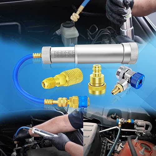 Miniatura 8 de Kit de inyector de tinte de aceite de CA, flujo de retorno del inyector de aceite y tinte de AC previene con acoplador rápido ajustable R134a,