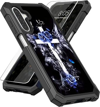 for Samsung Galaxy A36-5G Case with Screen Protector, Military Grade Drop Protection, Dual Layer Hybrid Shockproof Protection TPU Phone Case for Samsung A36 5G, Cross with Rose