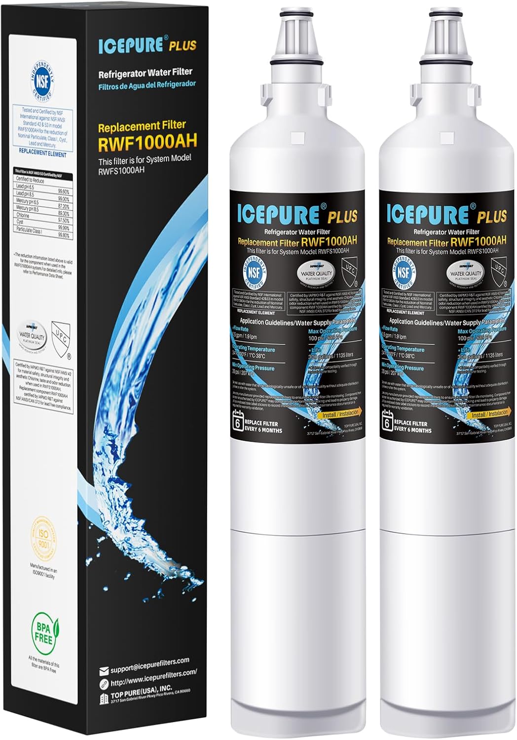 ICEPURE PLUS RWF1000AH NSF/ANSI 53 Certified Refrigerator Water Filter Replacement for Kenmore 46-9990, LG LT600P 5231JA2006B 5231JA2006A-S, KENMORECLEAR 9990, FML-2, LSC27931ST, LFX25960ST, 2PACK