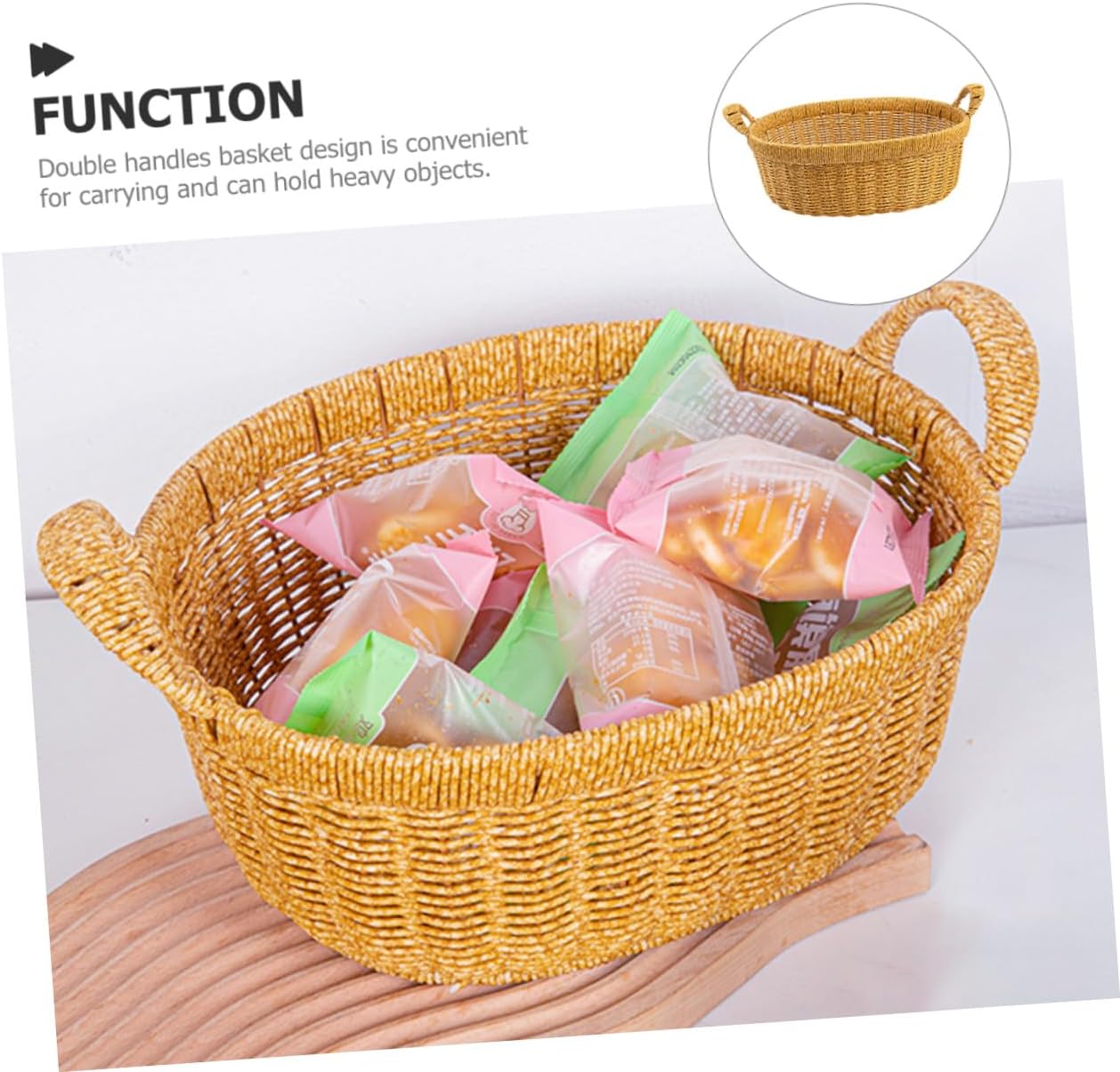 BESTonZON Imitation Rattan Woven Bread Basket with Double Handles Large Oval Plastic Storage Basket for Kitchen Snack and Fruit Serving Tray Indoor Outdoor Use