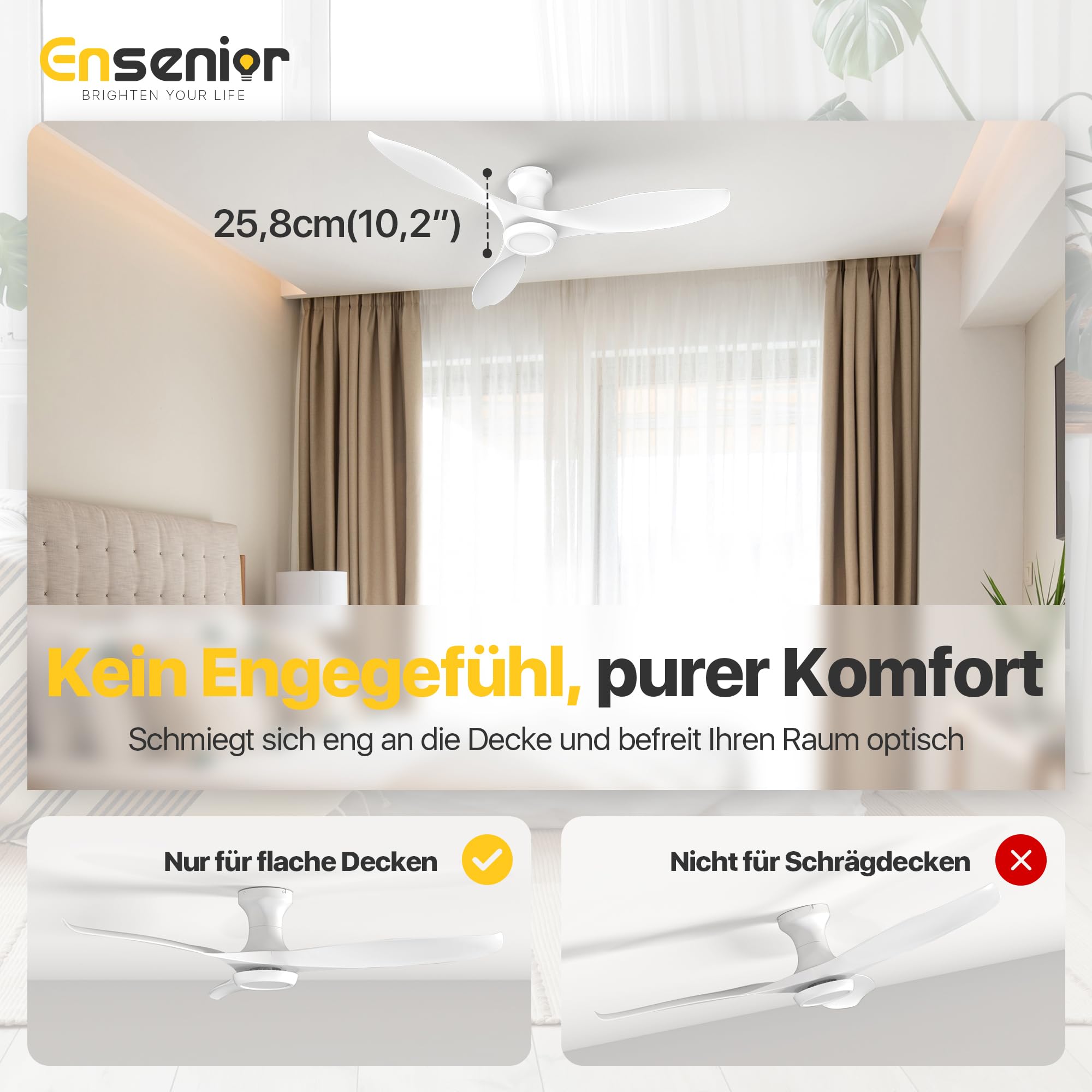Ensenior Deckenventilator mit Beleuchtung 132cm, Leiser DC-Motor, 6 Geschwindigkeiten & 3 Lichtfarben, Deckenlampe mit Ventilator Fernbedienung für Schlafzimmer Wohnzimmer - Weiß