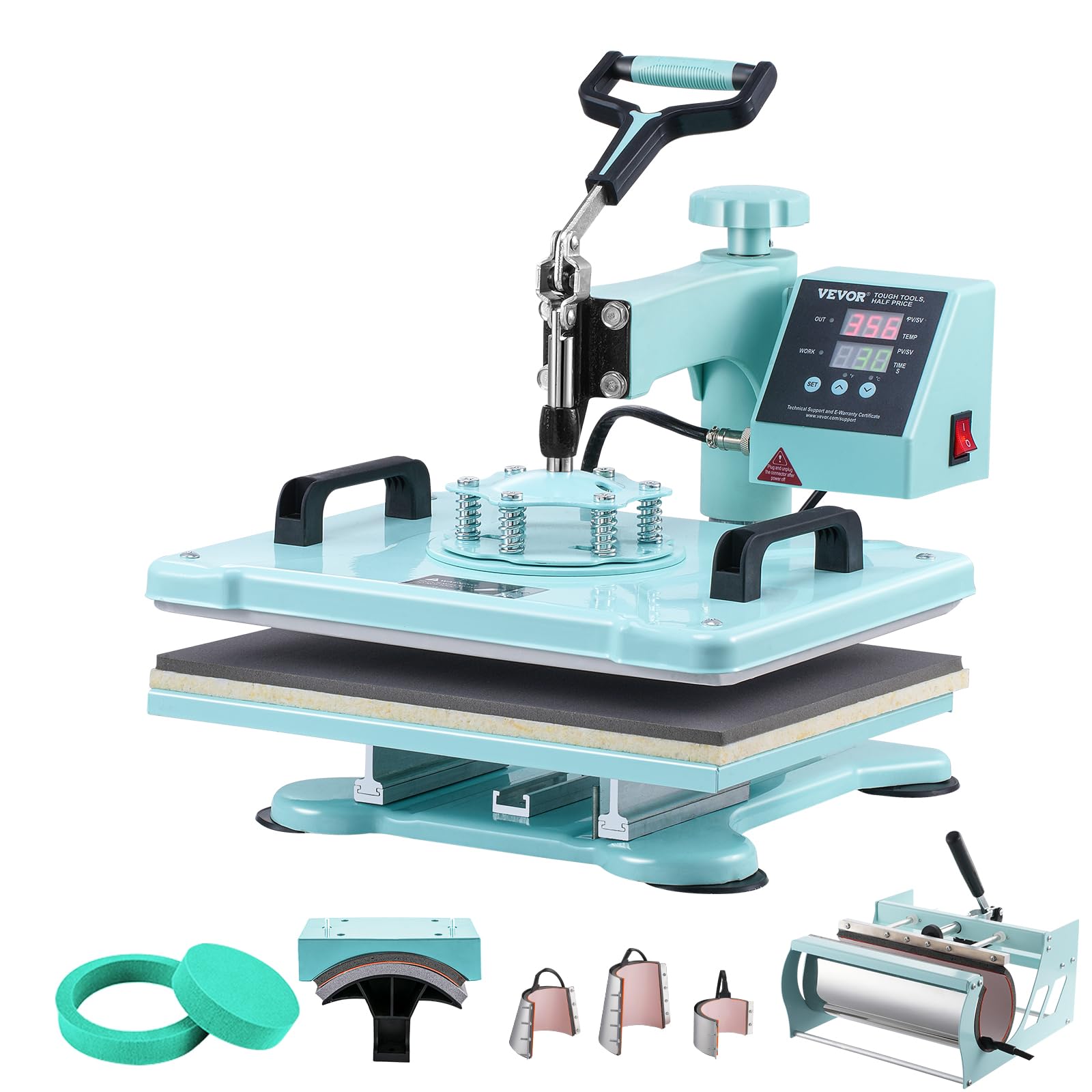 VEVOR Hitzepresse, 30 x 38 cm, 8-in-1 Wärmeübertragungsmaschine mit 6-30 oz Tumblerpresse, 360° Schwenkbares T-Shirt-Pressen, Digitale Präzisionssteuerung, für T-Shirts/Tassen/Hüte, Grün