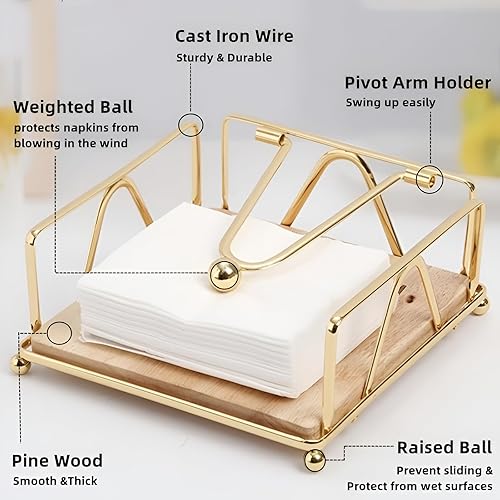 Miniatura 2 de Gold Napkin Holder for Table with Weighted Arm, Square Metal Flat Napkin Holder for Kitchen Dinner Countertop Outdoor Table