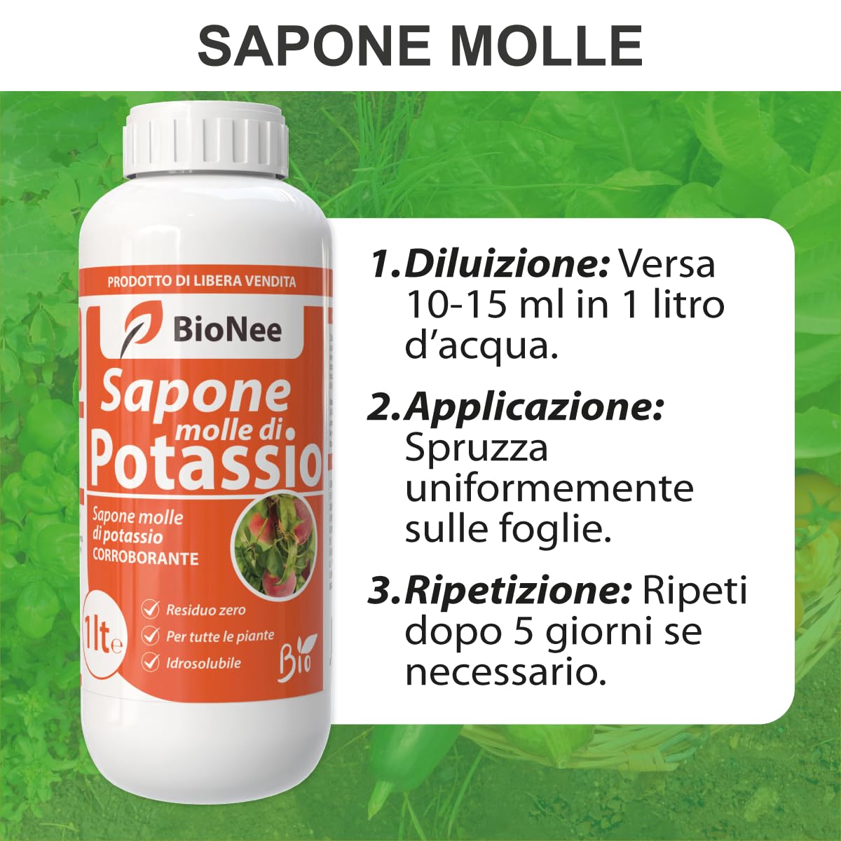 Sapone Molle di Potassio – Protezione Naturale e Biologica per Piante Sane e Rigogliose - insetticida naturale biologico - corroborante potenziatore delle difese naturali (1 litro)