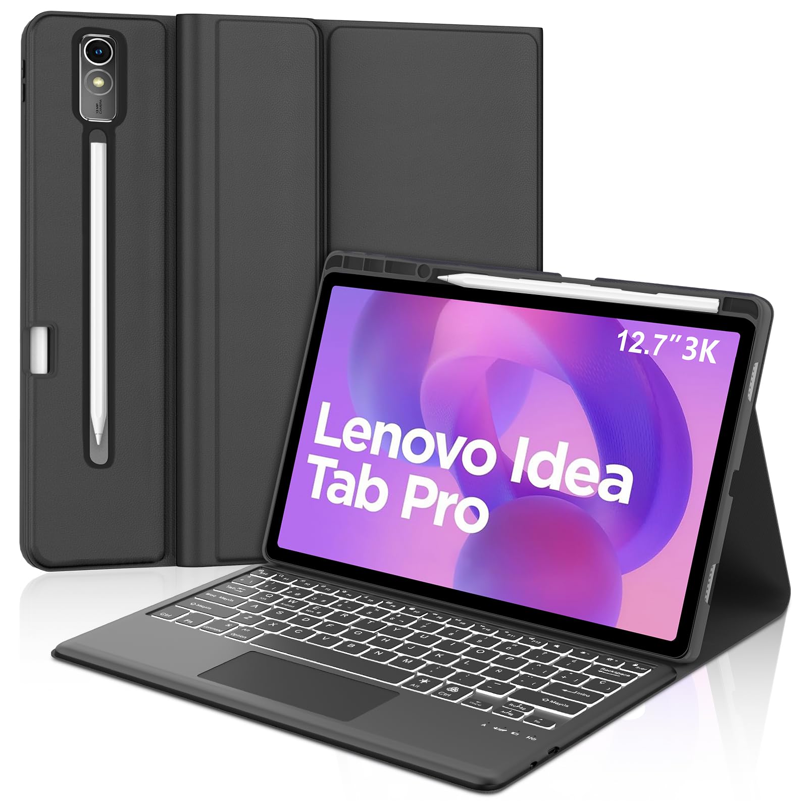 FOGARI Teclado con Trackpad para Lenovo Idea Tab Pro 12.7" 2025 | Funda para Lenovo Idea Tab Pro 12.7 con Español Ñ Teclado Retroiluminado Bluetooth Magnético Desmontable con Trackpad, Negro