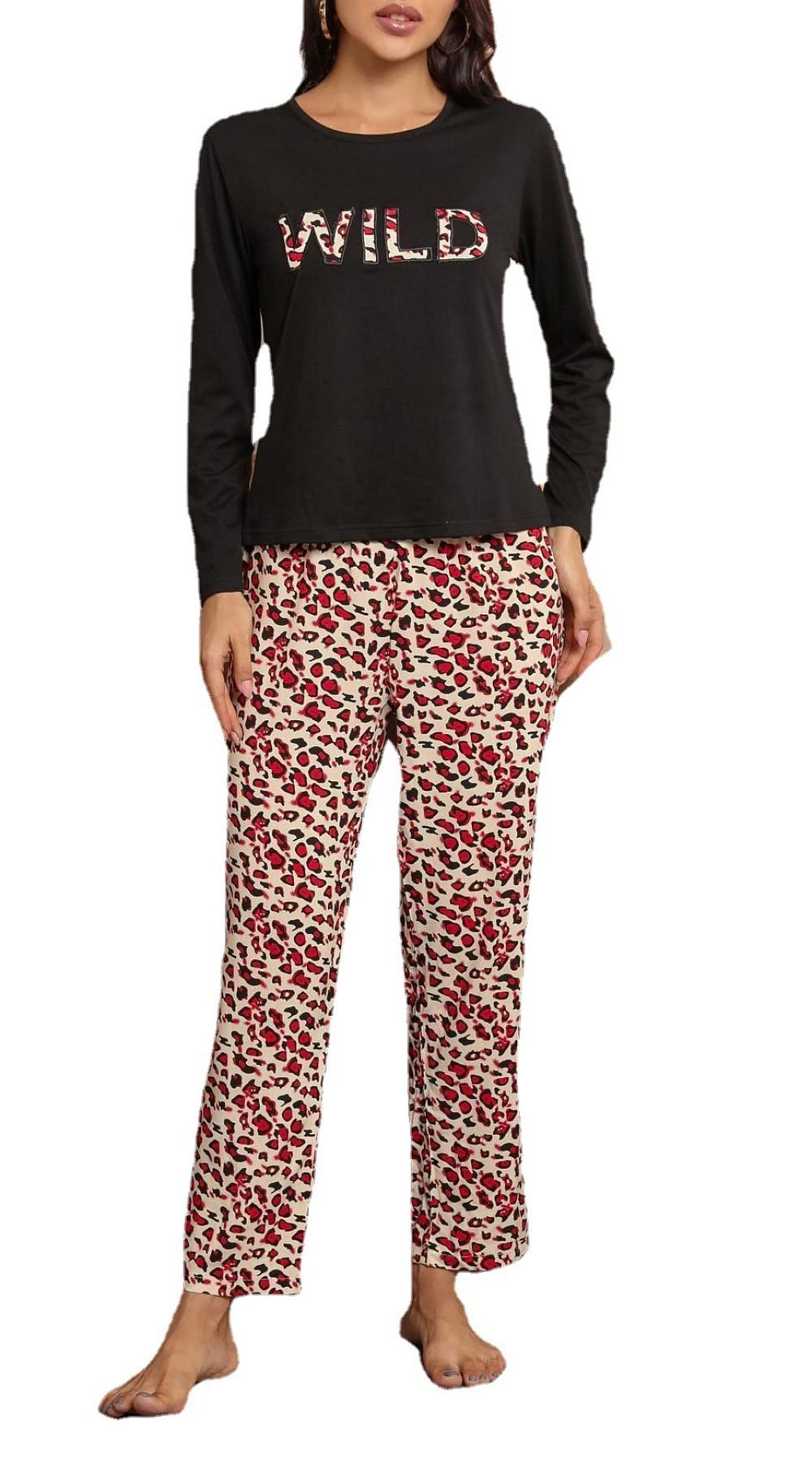 Ensembles De Pyjama Femme,Noir Col Rond Poudre Imprimé Léopard Polyester À Manches Longues Ensemble De Vêtements De Nuit Femmes Pyjama Deux Pièces Doux Cadeau De Détente pour Femme Petite Amie