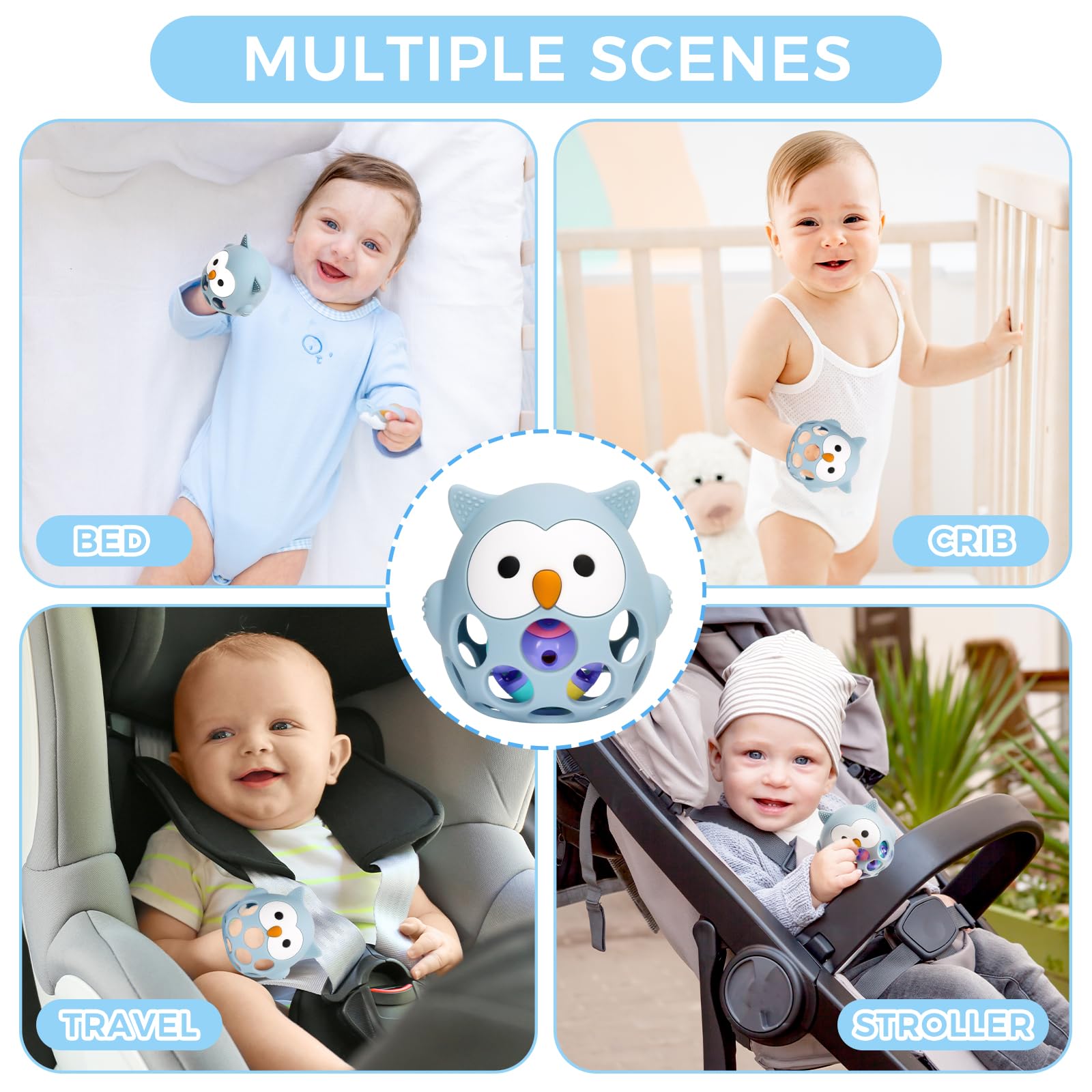 Venditer Giochi Neonato 0-3 mesi, Sonaglio Giochi Neonato 3-6 6-9 mesi, Montessori Giocattoli Bambino 0-6 Mesi Giochi Neonato Giochi Montessori 1 anno Giochi Sensoriali per Neonati owl blue