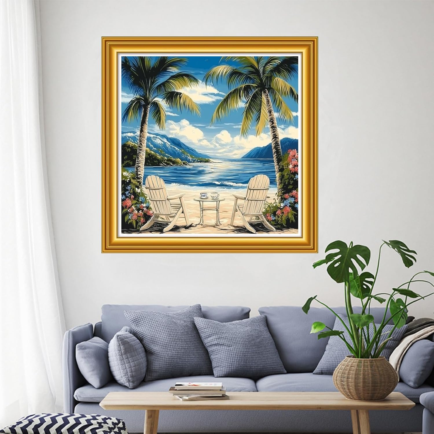 Funchey Stamped Cross Stitch Kits, DIY Cross Stitch Pattern for Adults Beginners Needlepoint Kits Embroidery Kit Arts and Crafts 11CT&Drinking Tea Under Coconut Trees Beach 18x18 inch
