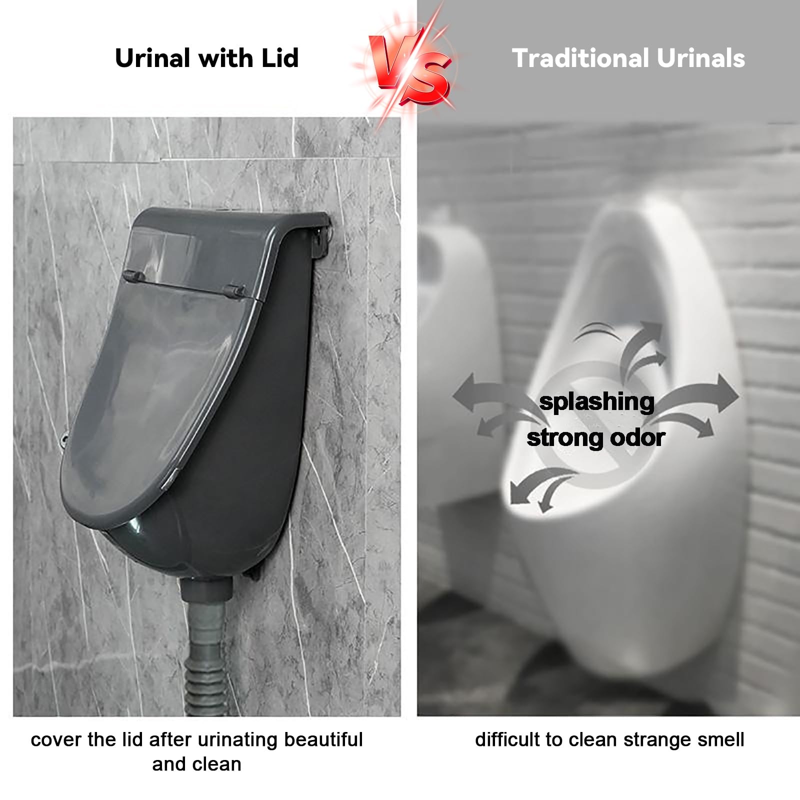 Urinario de plástico para exteriores sin agua con tapa, para montar en la pared, para hombres y adultos, con manguera y válvula de descarga, inodoro portátil, canaleta con desviador de orina, urinario