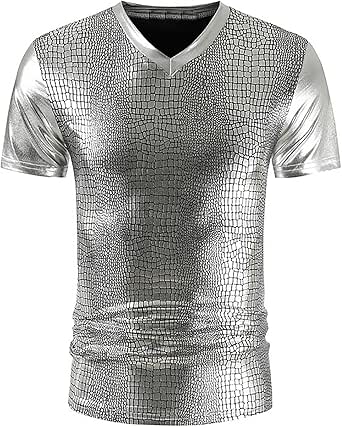 JOGAL Heren metallic glanzend bronzen nachtclub party lange mouwen hemd, Goudglans, XXL