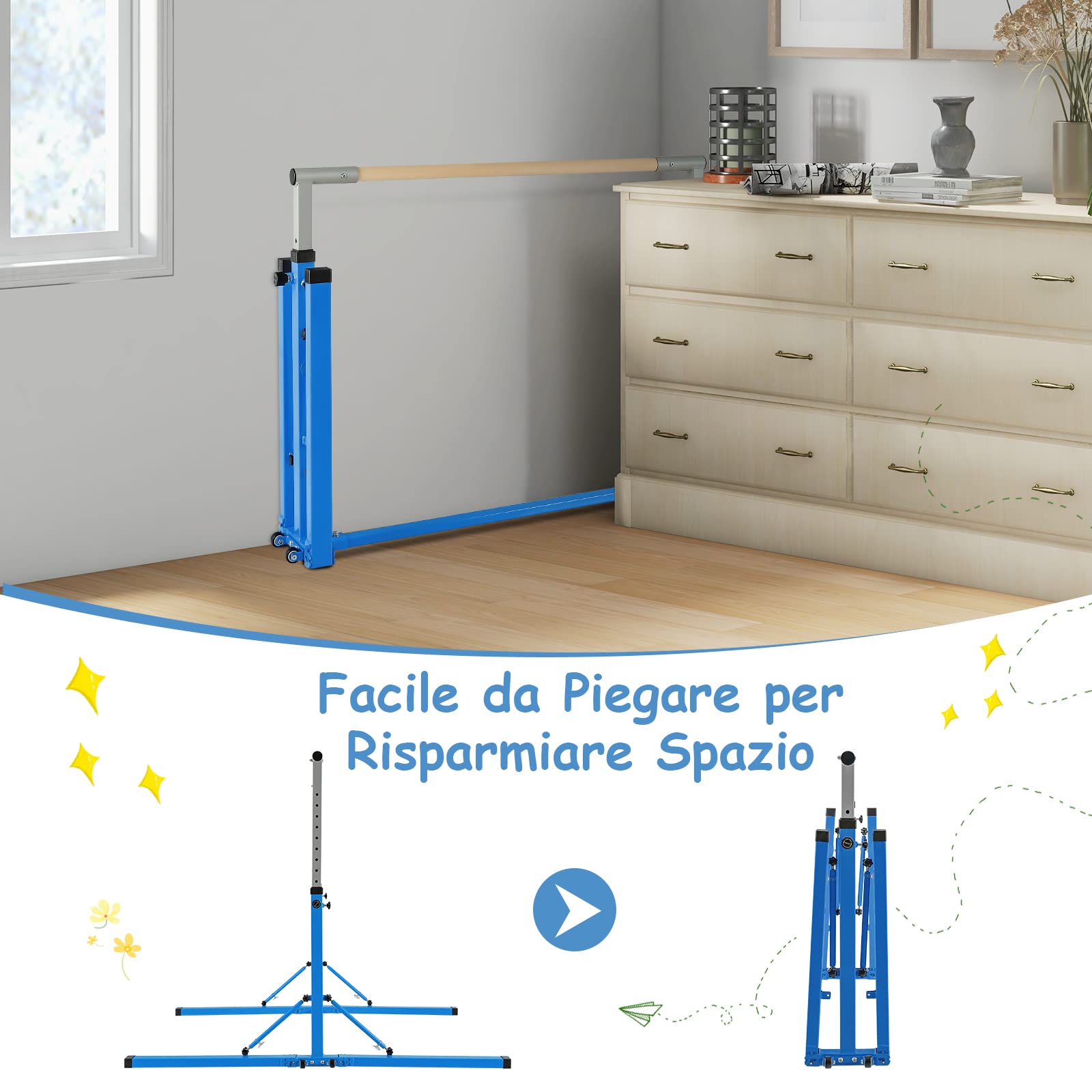 COSTWAY Barra per Ginnastica e Danza per Bambini Pieghevole Portatile, Sbarra Parallela in Metallo e Legno con 13 Altezze Regolabili, Portata 100 kg