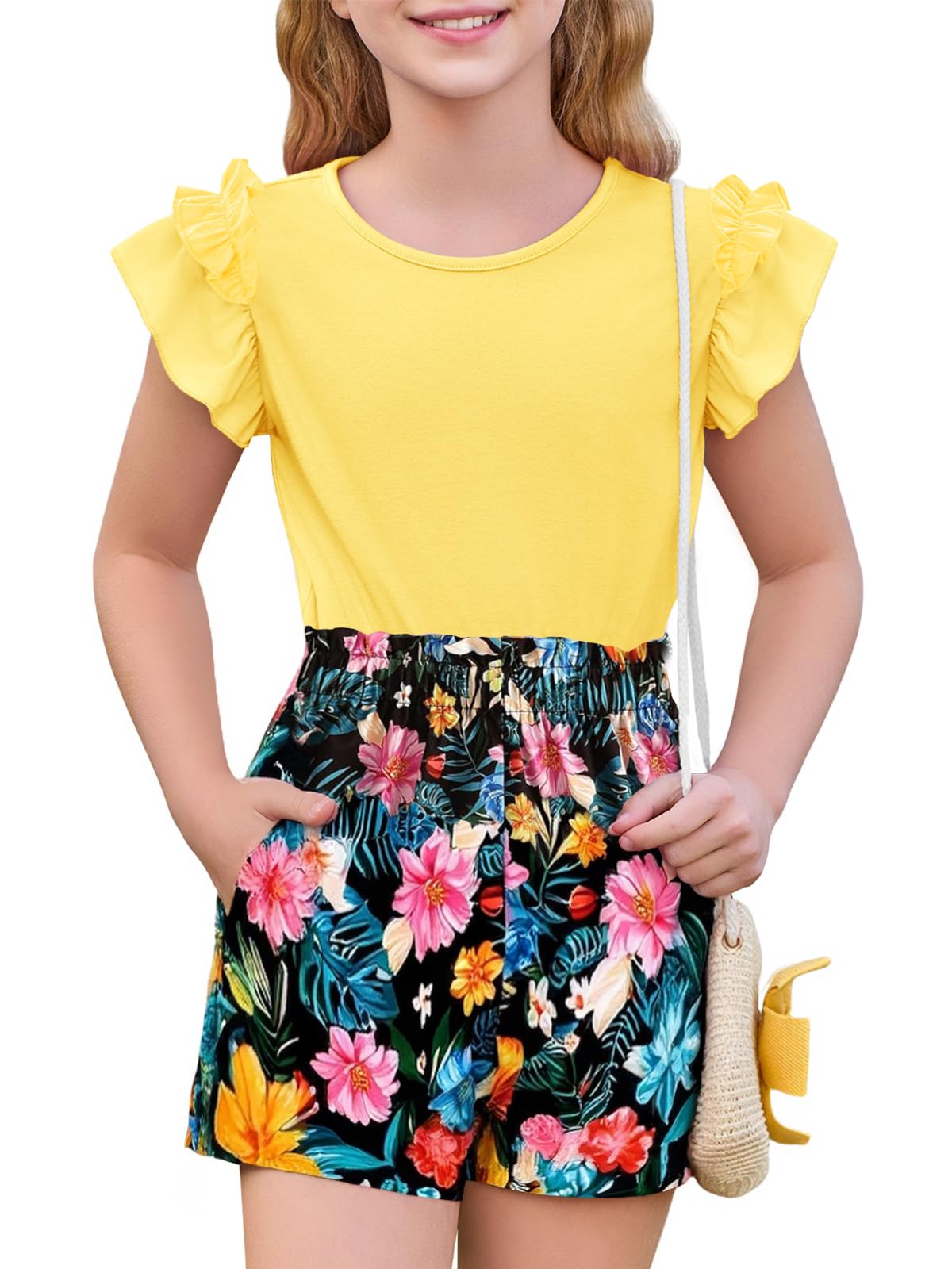 Haloumoning Girls 2 Piece Summer Outfits Clothes Ruffle Short Sleeve Shirts and High Waist Paper Bag Shorts Sets with Pockets