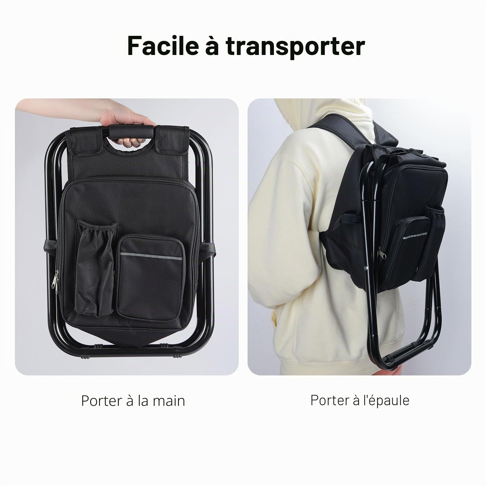 40CM Tabouret Pliable Camping avec Sac Isotherme 15L, Siege de Peche avec Sac à Dos, Compact et Fonctionnel, Chaise Pliante pour Chasse Pique-Nique, Noir