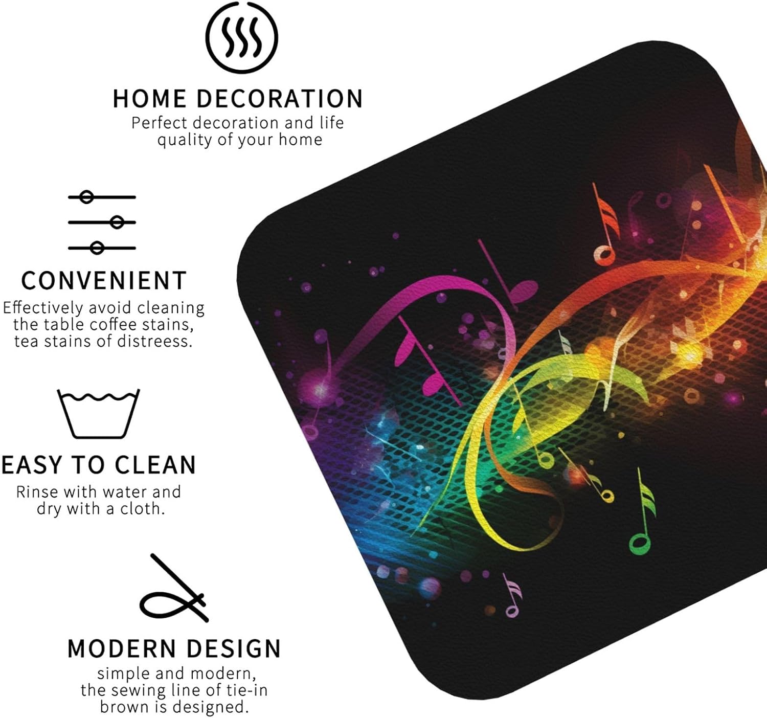Coasters Set of 6 Leather Coasters Colorful Music Notes Coffee Cup Mat Drink Coasters Square Tabletop Protection Mat for Bar Decorate Cup pad for Coffee Table Kitchen Dining Room image 3
