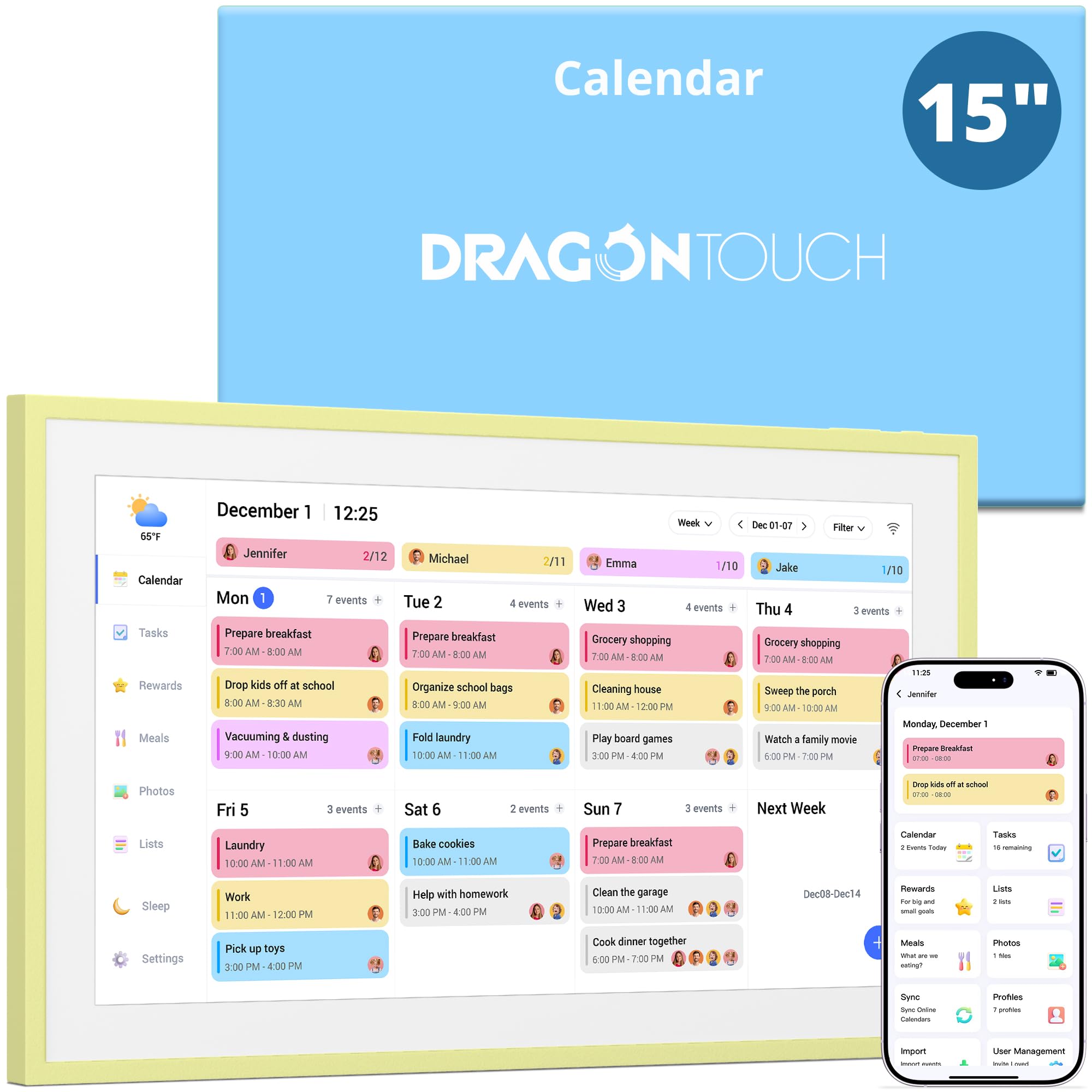 Dragon Touch 15.6" Digital Calendar Chore Chart – 1080P Full HD Interactive Touchscreen, 2026 Smart Family Planner, Digital Calendar Wall & Desk Mountable for Seamless Scheduling - Soft Honey