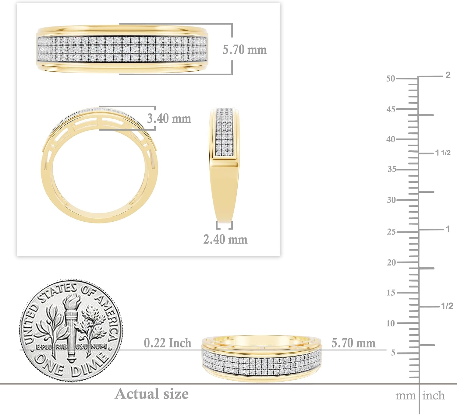 Dazzlingrock Collection 0.25 Ctw Round White Natural Diamond Three Row Micro-Pave Men's Wedding Band in 10K Real Solid Gold