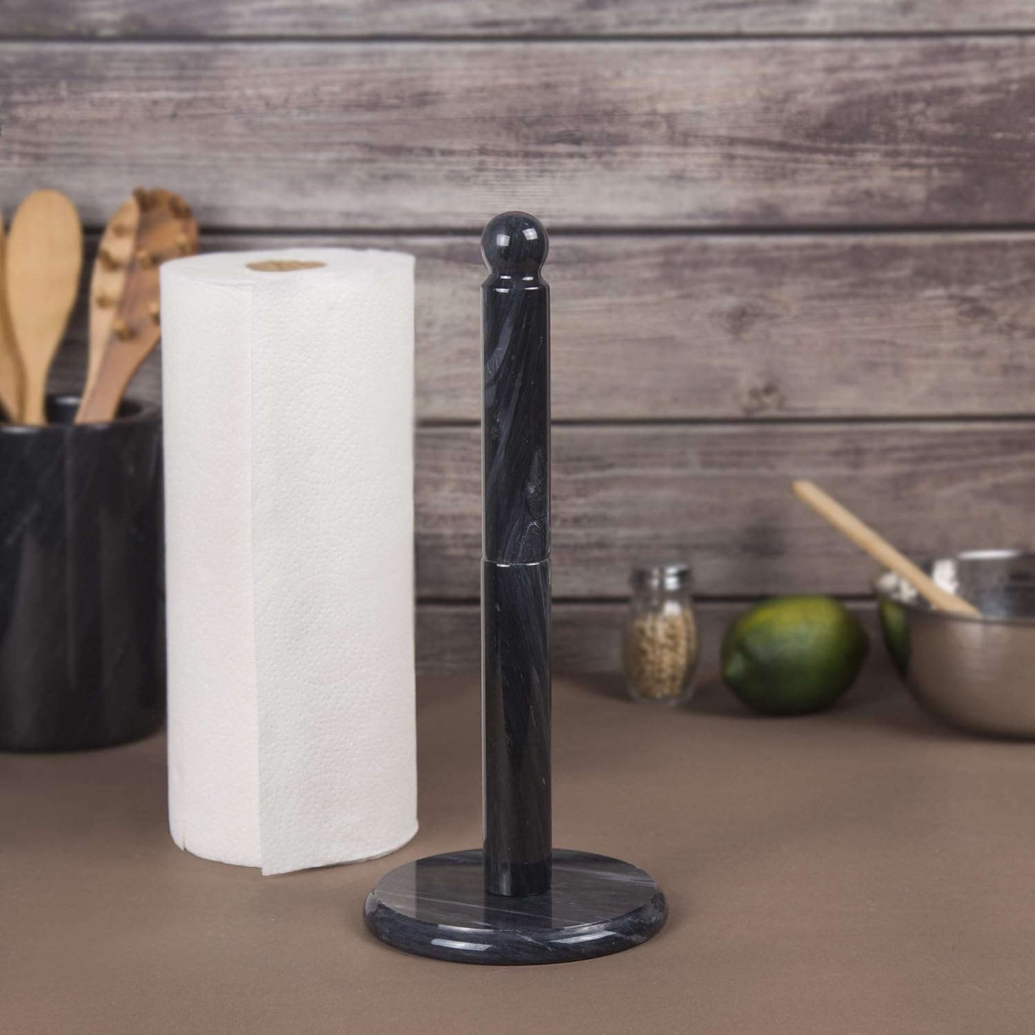 Creative Home Natural Marble Upright Paper Towel Holder 12.5" H × 6" Dia | Heavy Weighted Solid Base for Kitchen, Bathroom Countertop | Elegant Organizer and Gift Black