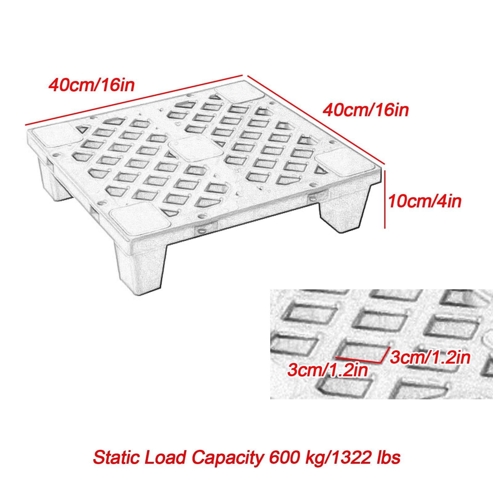 Pallet in plastica HDPE, traspirante, resistente alle intemperie, capacità di carico statica, impilabile, per magazzini e cantine, 40 x 40 x 15 cm, blu