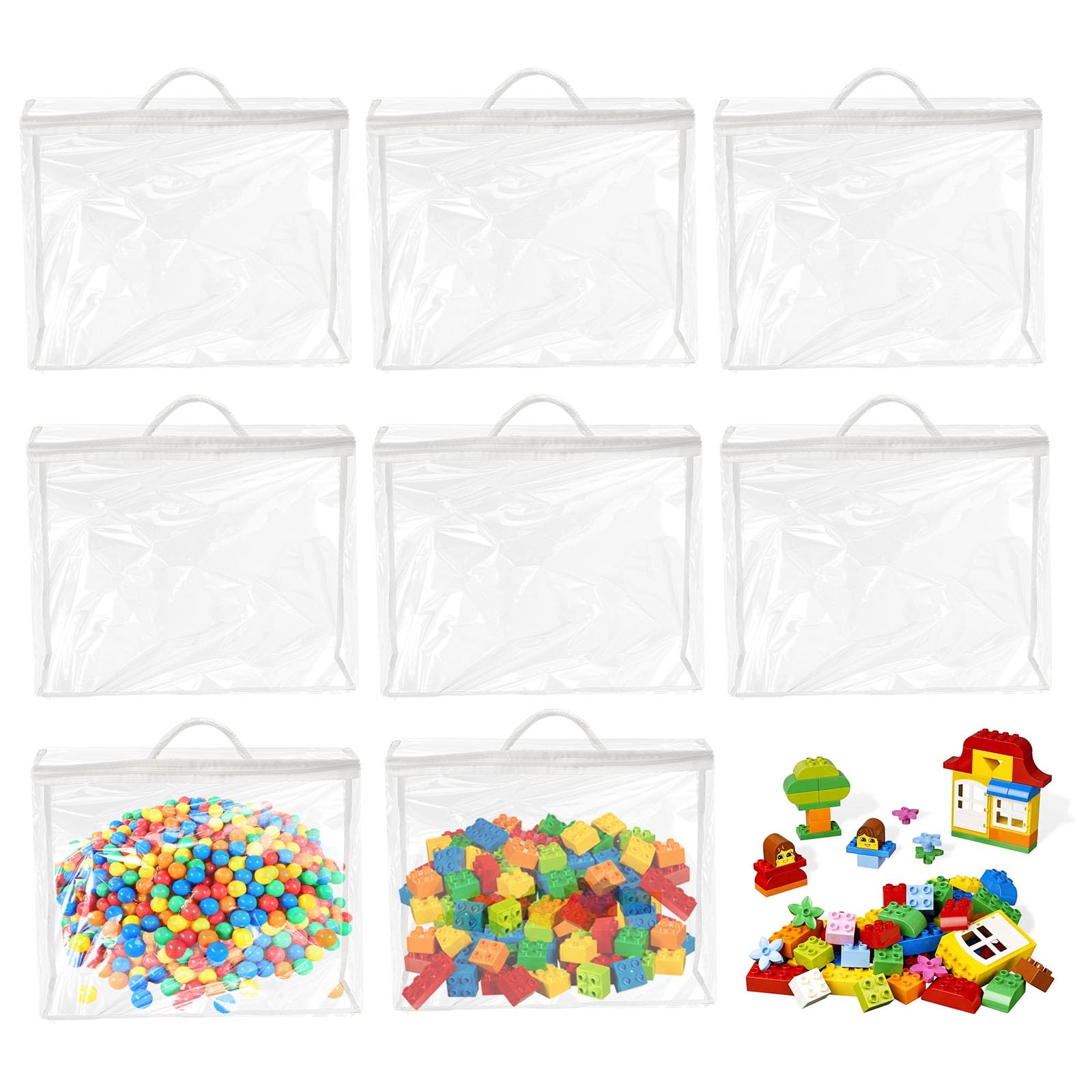 8 Pcs Clear Toy Storage Bags 38x30x10cm PVC Storage & Organization Bags with Zipper and Handle Reusable Waterproof Plastic Storage Bags for Building Blocks, Board Games, Puzzles, Clay, Small Models