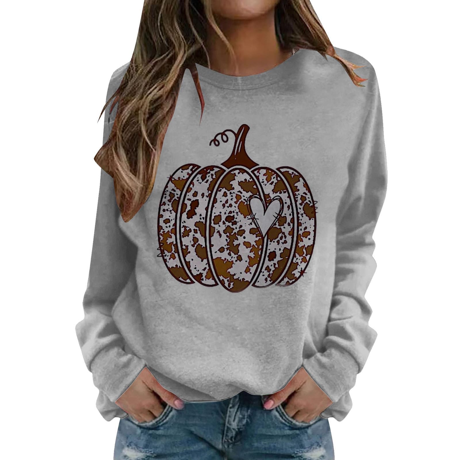GenericFall Vintage Casual Sweatshirt for Women Pumpkin Printed Thanksgiving Crewneck Sweatshirt Long Sleeve Loose Fit Tops Pullover