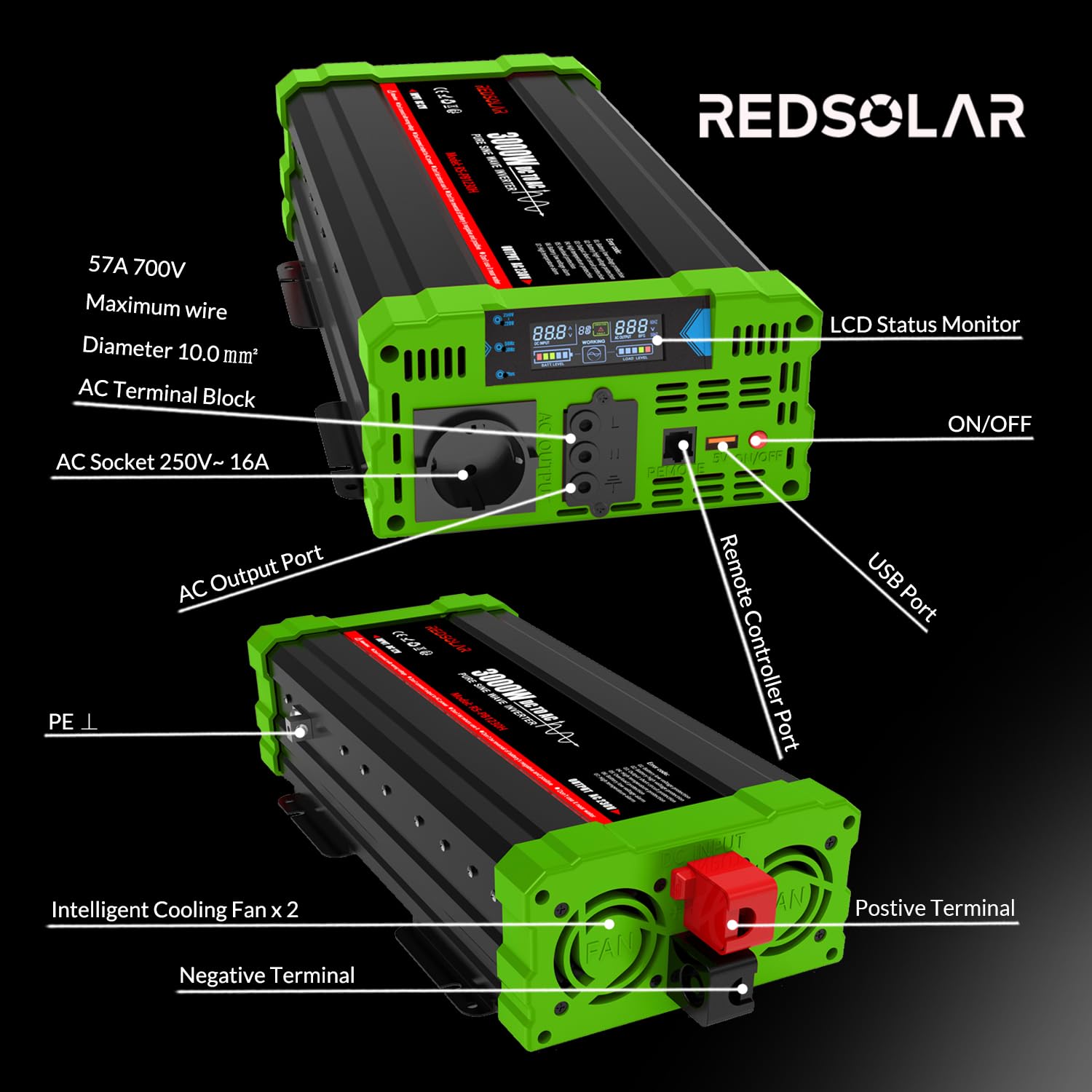 REDSOLAR Convertisseur Pur Sinus 3000W (Pic 6000W) 12V 220V 230V, Onduleur avec Port USB, Prise EU, Écran LCD et Télécommande Filaire de 7 Mètres – pour Caravane, Camping, Voyage et Systèmes Solaires