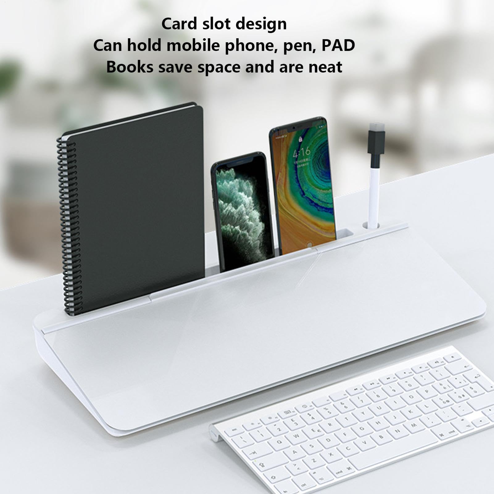 Lavagna bianca da scrivania, piccola lavagna cancellabile a secco, in vetro, con cassetto, supporto per tastiera del computer per attività, appunti e appuntamenti, materiale scolastico | Organizer da scrivania con 3 pennarelli, supporto per tastiera per c