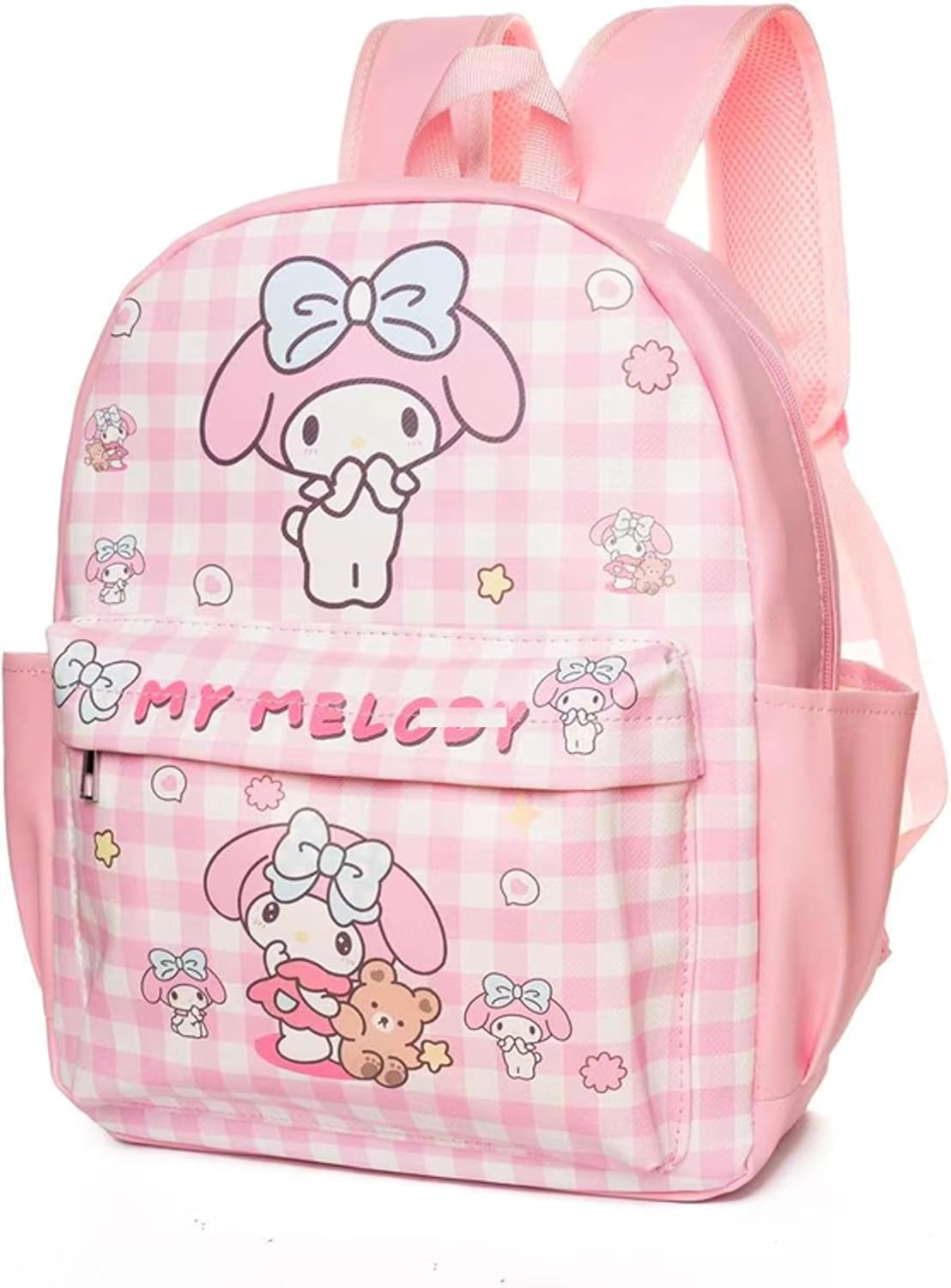 Roffatide Cartoon Melody All Over Print Checkered Casual Backpack Cute Backpack Travel Bike Rucksack Hiking Backpack Pink