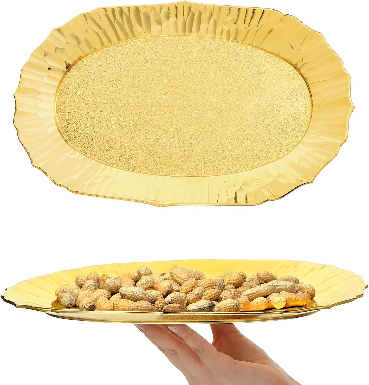 Lemecima 6 Pack Plastic Serving Tray, Gold Serving Platter Set, Reusable Party Snack Serving Tray, Decorative Food Appetizer Platters for Dessert Table, Cupcake, Charcuterie, Cookies, 14" x 8.5"