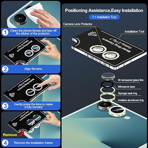 Vista 730 de para Samsung Galaxy Z Flip 7 Protector de Lente de Cámara, Cubierta de Lente de Vidrio Templado con Anillo de Metal Individual, [Fuerte Adhesión] 1