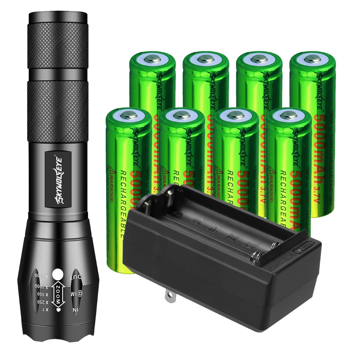 Tokeyla 8 Pack 18650 Rechargeable Battery Powered Flashlight with Two-Slot Charger (Flashlight Set)