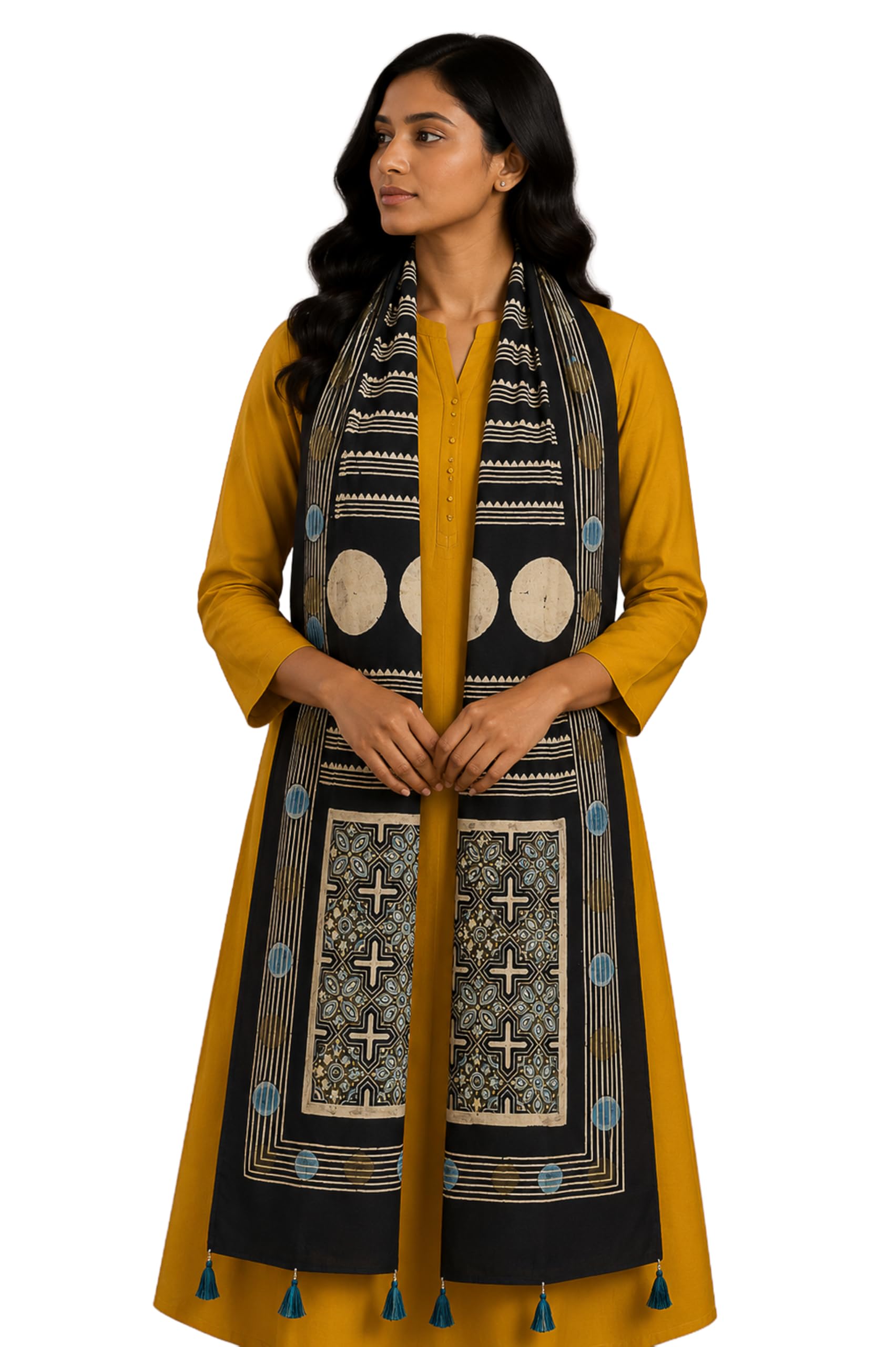 Women Ajrakh Modal Silk Natural Dye Hand Block Print Stole With Tassels - 2 Mtr Length-image-2